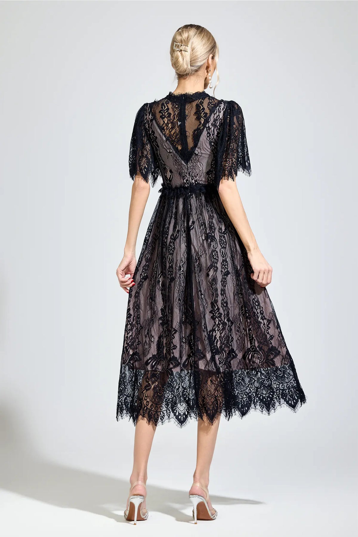 Genevra Black Lace V-Neck Midi Dress