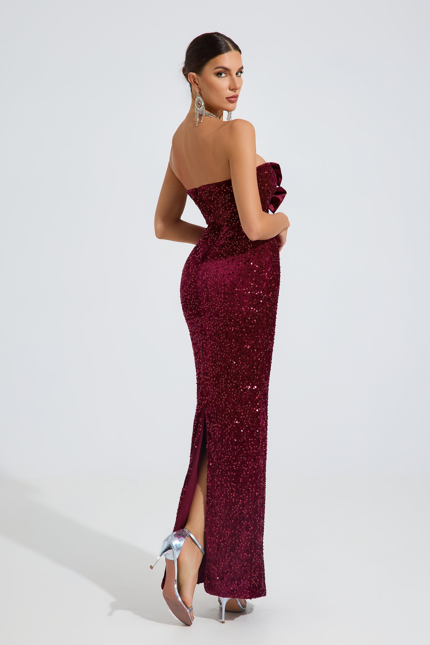 Rosamere Ruby Sequin Bow Strapless Maxi Dress