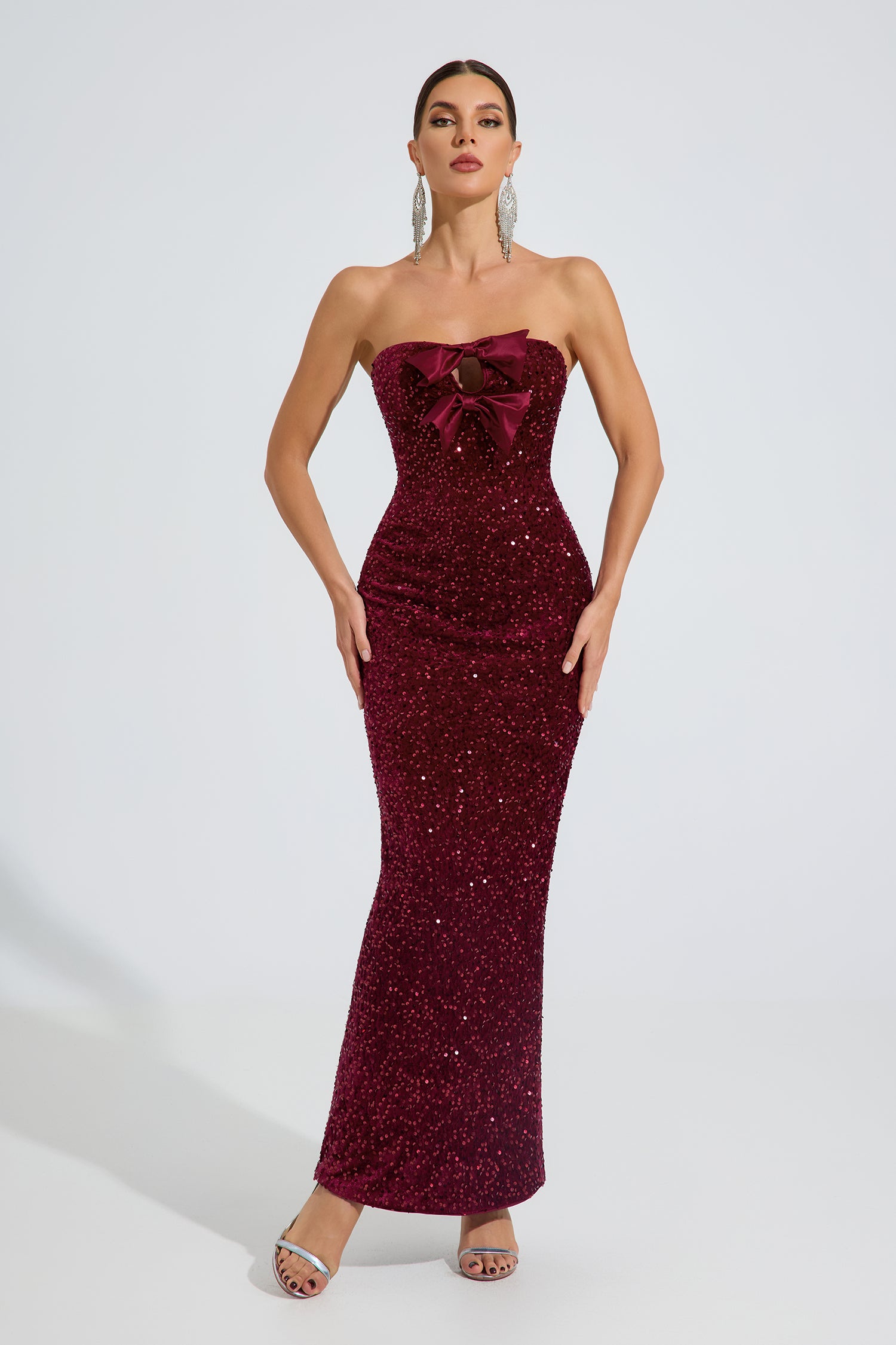 Rosamere Ruby Sequin Bow Strapless Maxi Dress