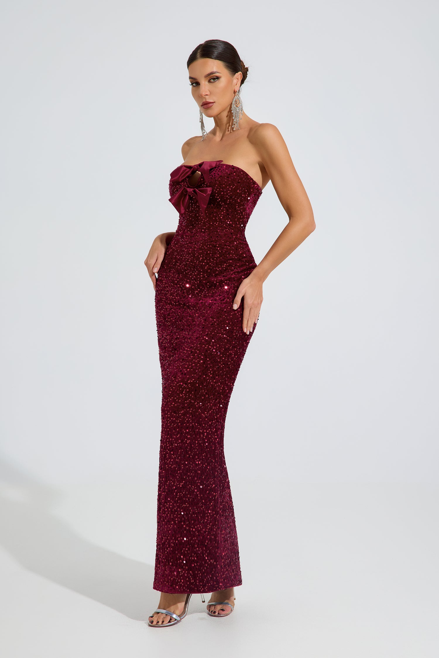 Rosamere Ruby Sequin Bow Strapless Maxi Dress