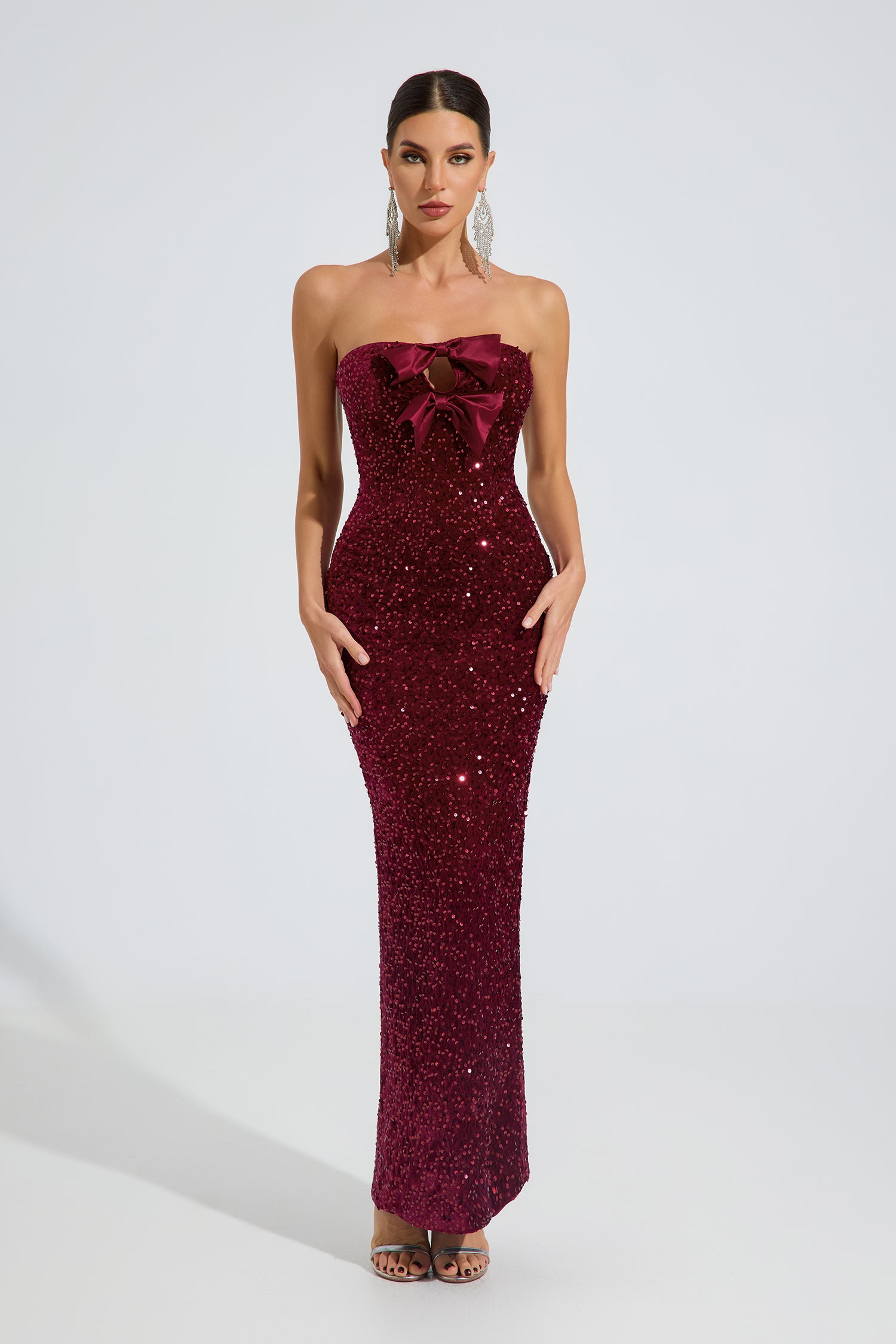 Rosamere Ruby Sequin Bow Strapless Maxi Dress