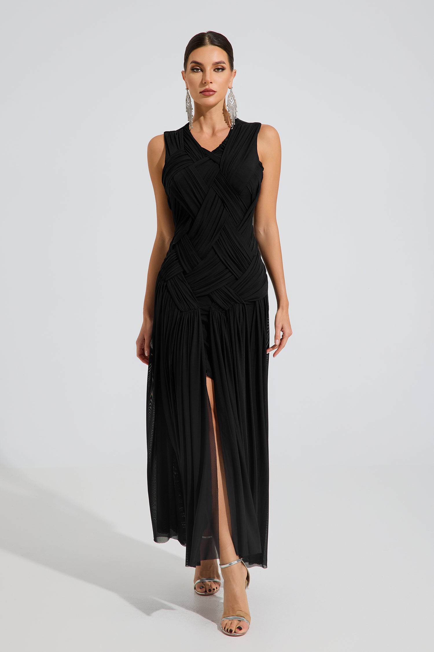Cleone Noir Draped Elegance Maxi Dress