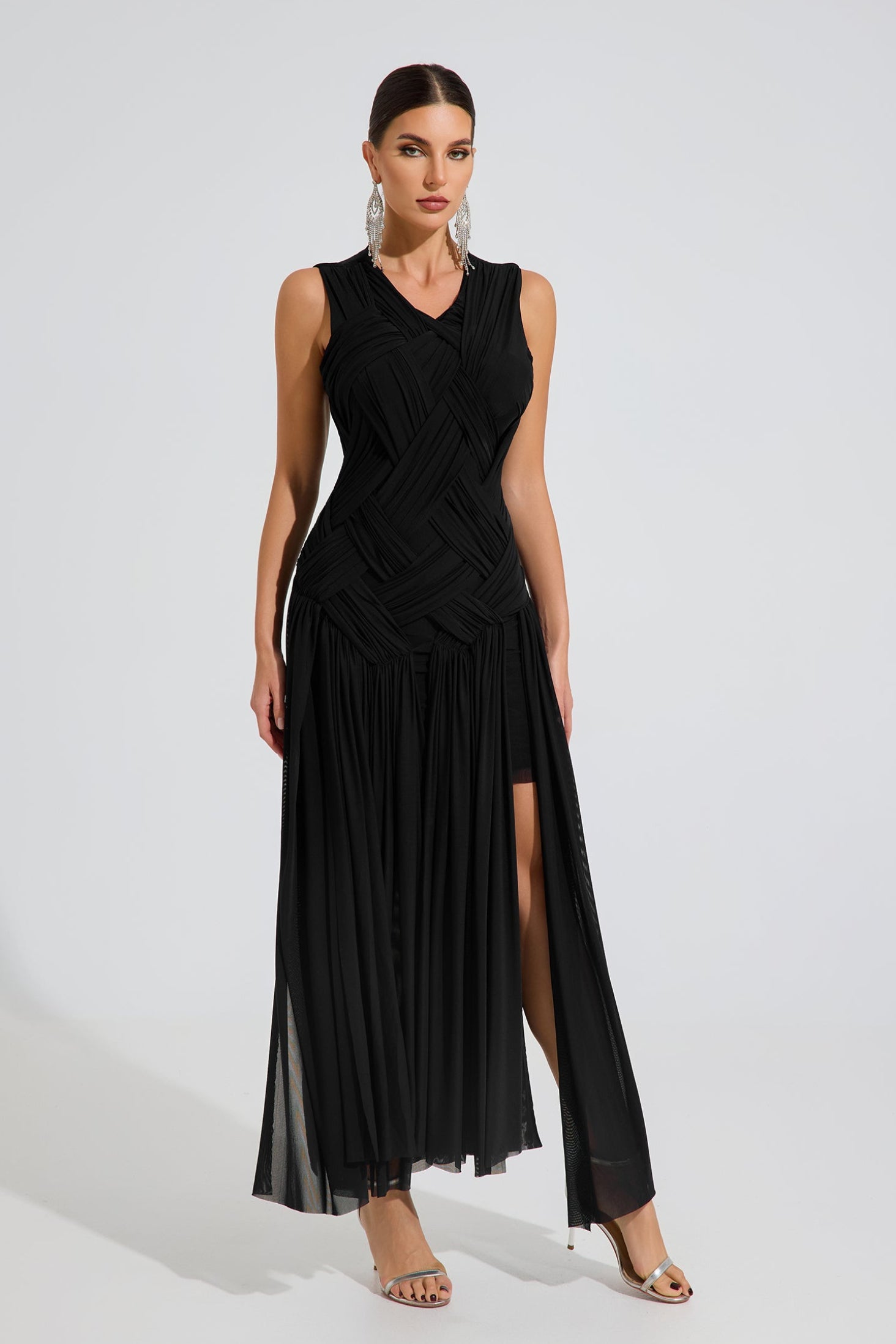Cleone Noir Draped Elegance Maxi Dress