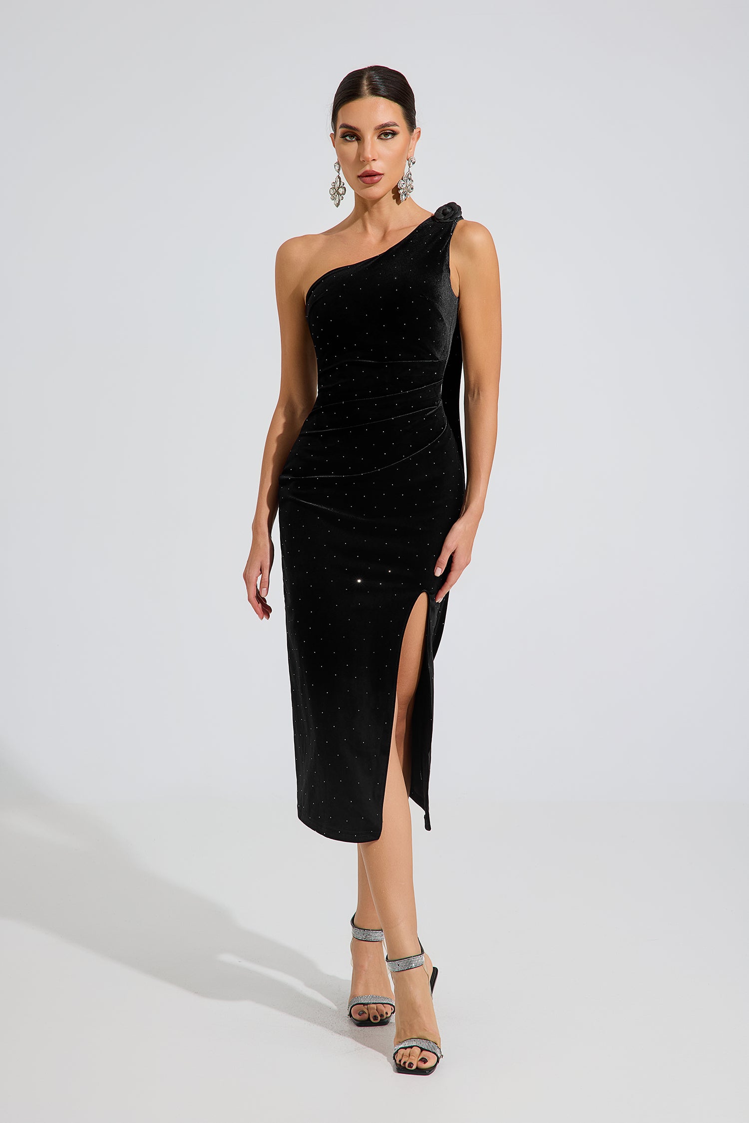 Sandra Velvet Radiance One-Shoulder Midi Dress