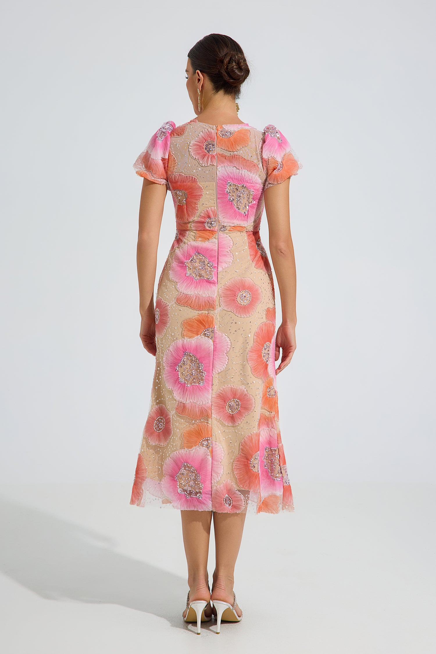 Frost Orange Bloom Embroidered Midi Dress