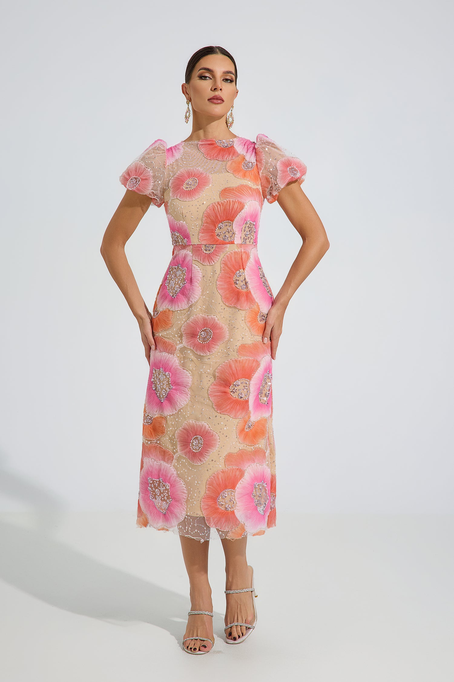 Frost Orange Bloom Embroidered Midi Dress