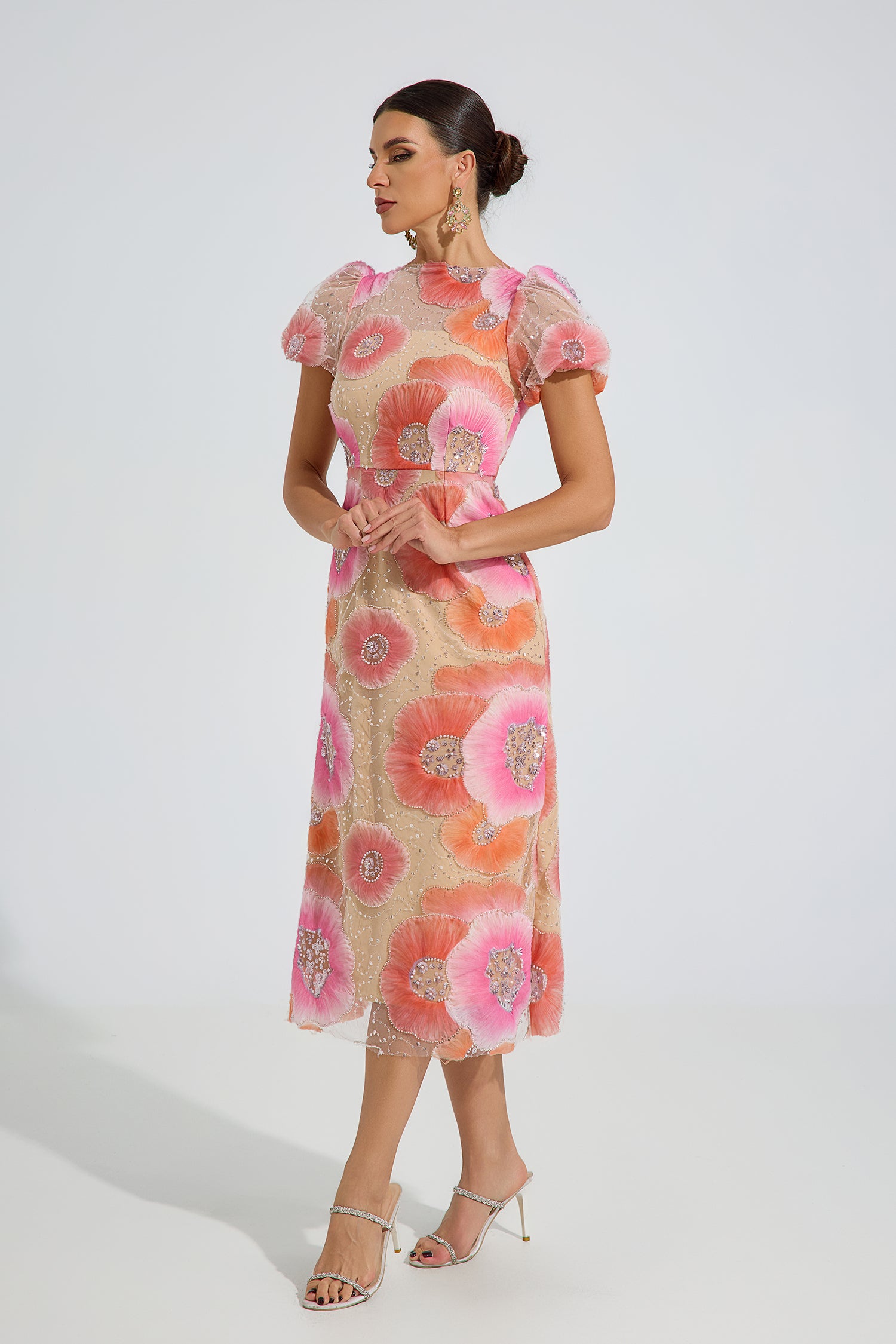 Frost Orange Bloom Embroidered Midi Dress