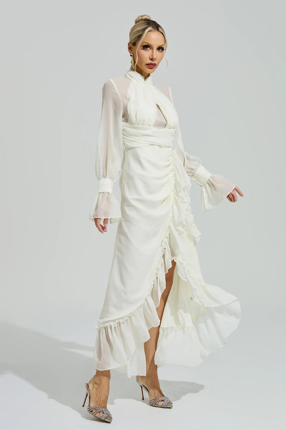 Kaia White Ruffle Slit Maxi Dress