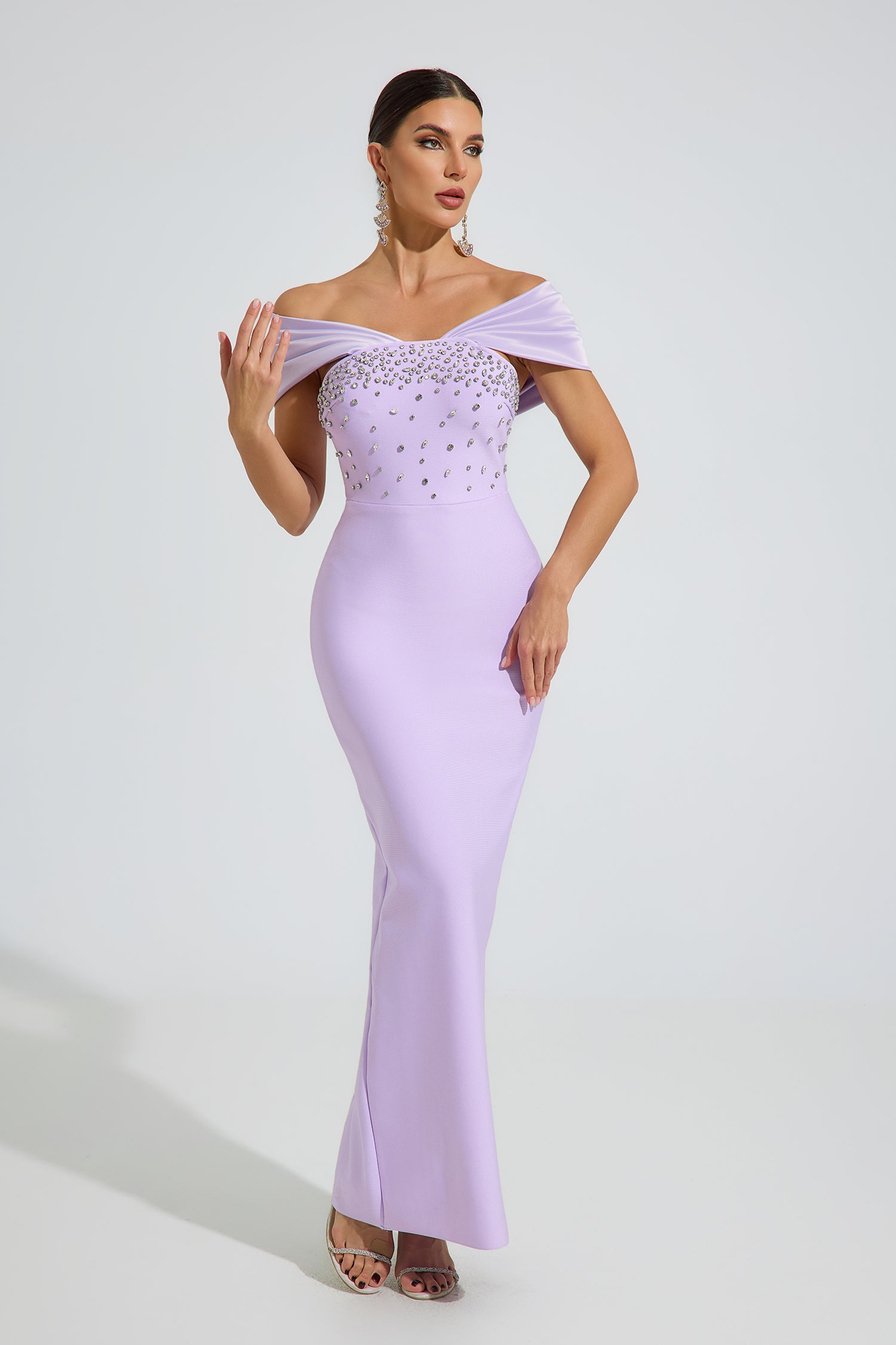 Arrow Off-Shoulder Crystal Maxi Dress