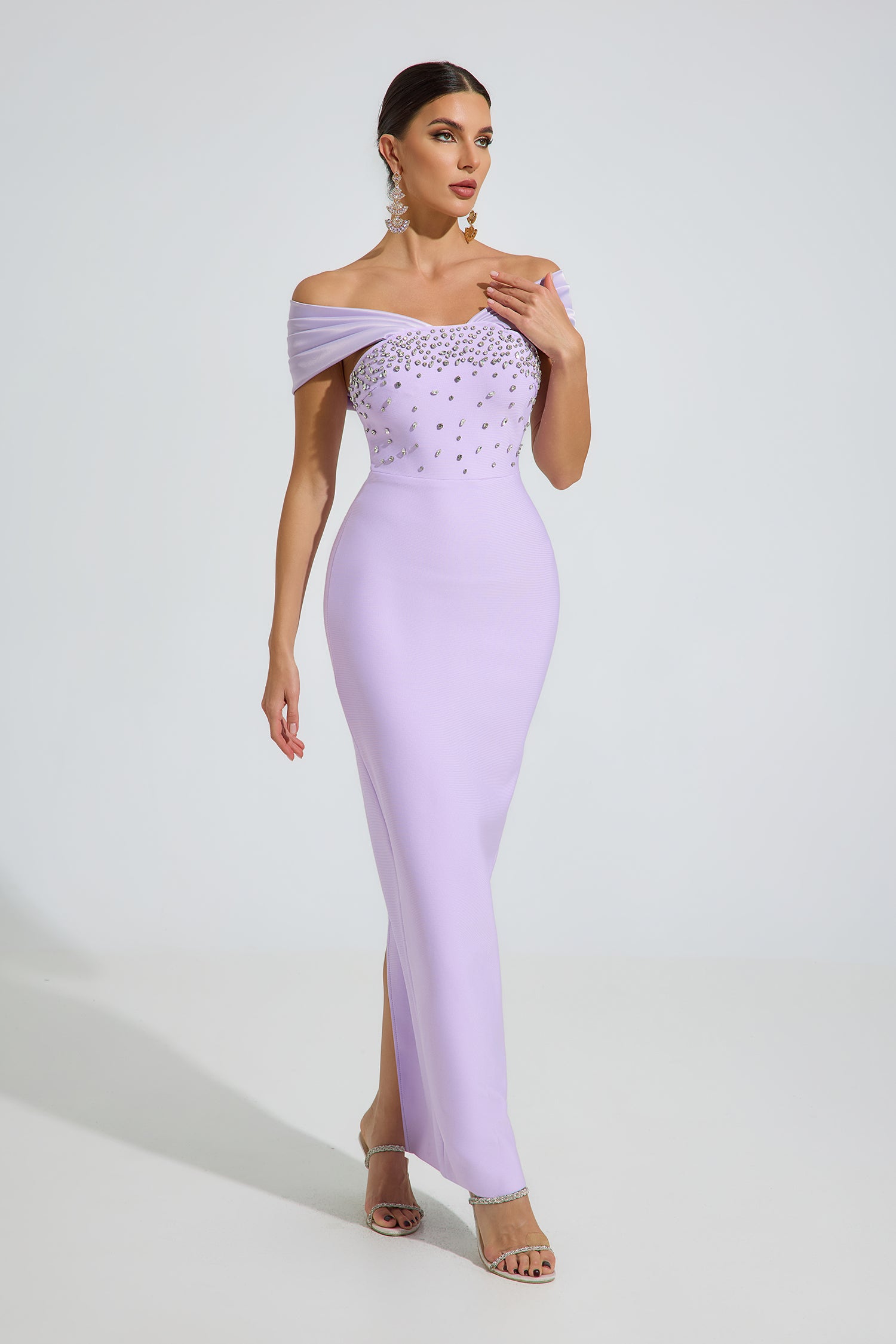 Arrow Off-Shoulder Crystal Maxi Dress