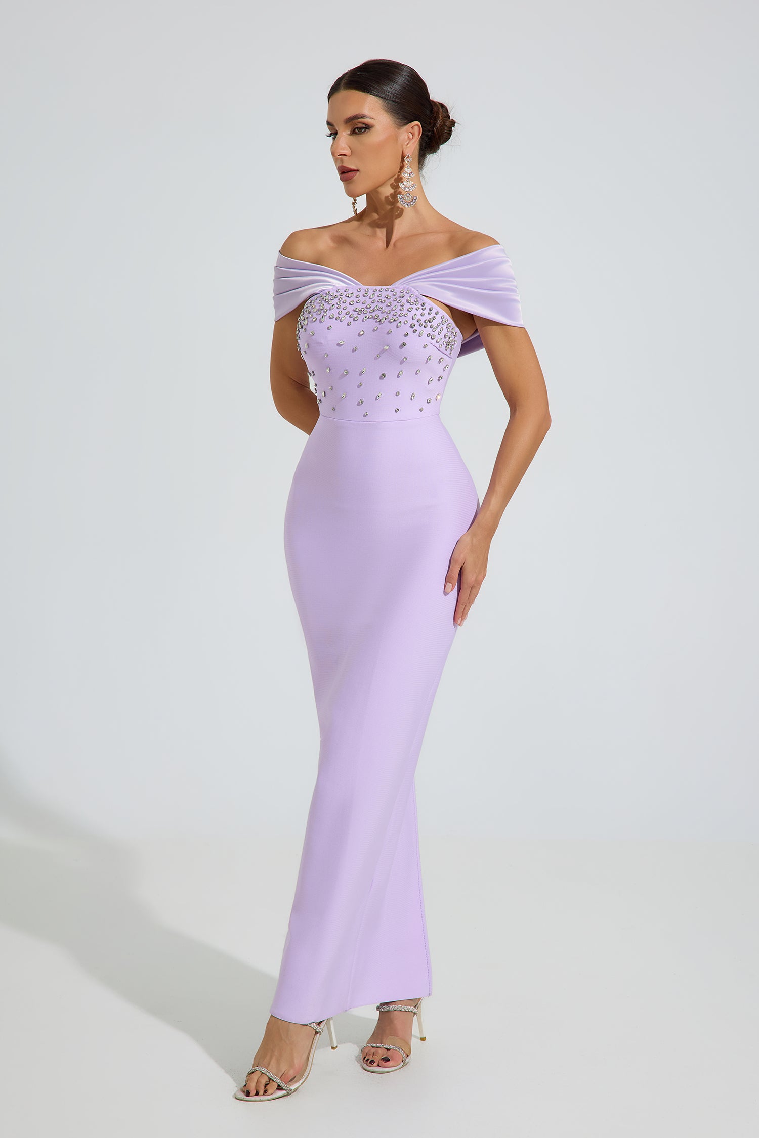 Arrow Off-Shoulder Crystal Maxi Dress