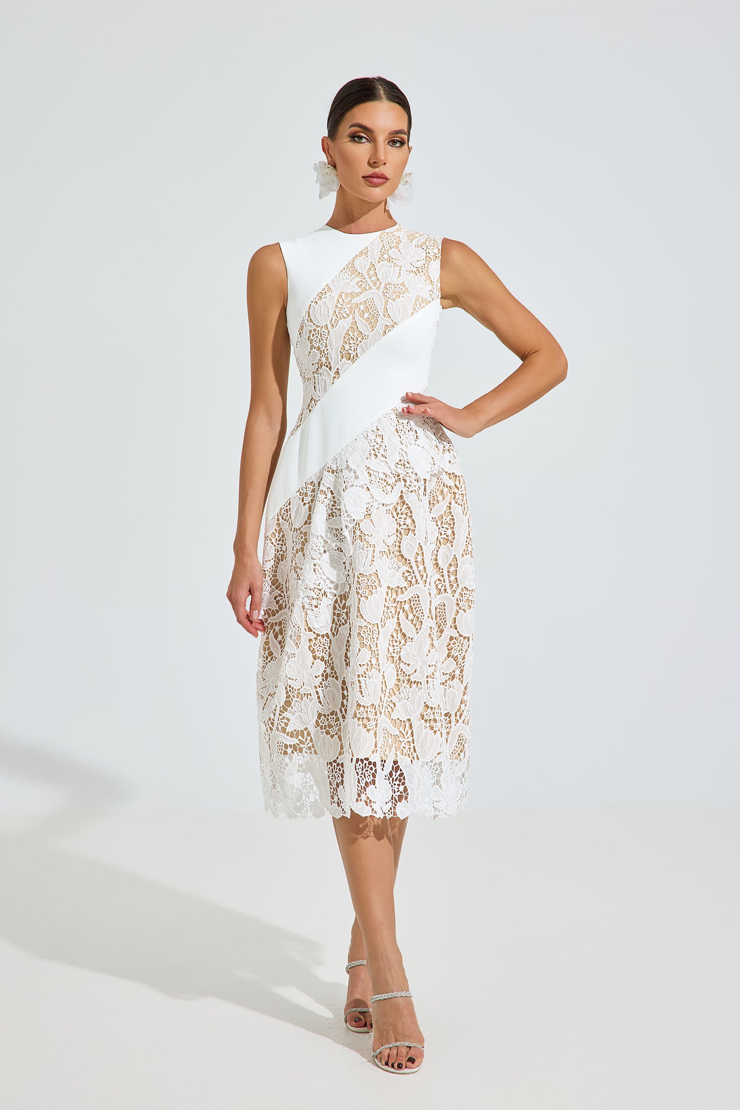 Vicky Asymmetric Lace Midi Dress