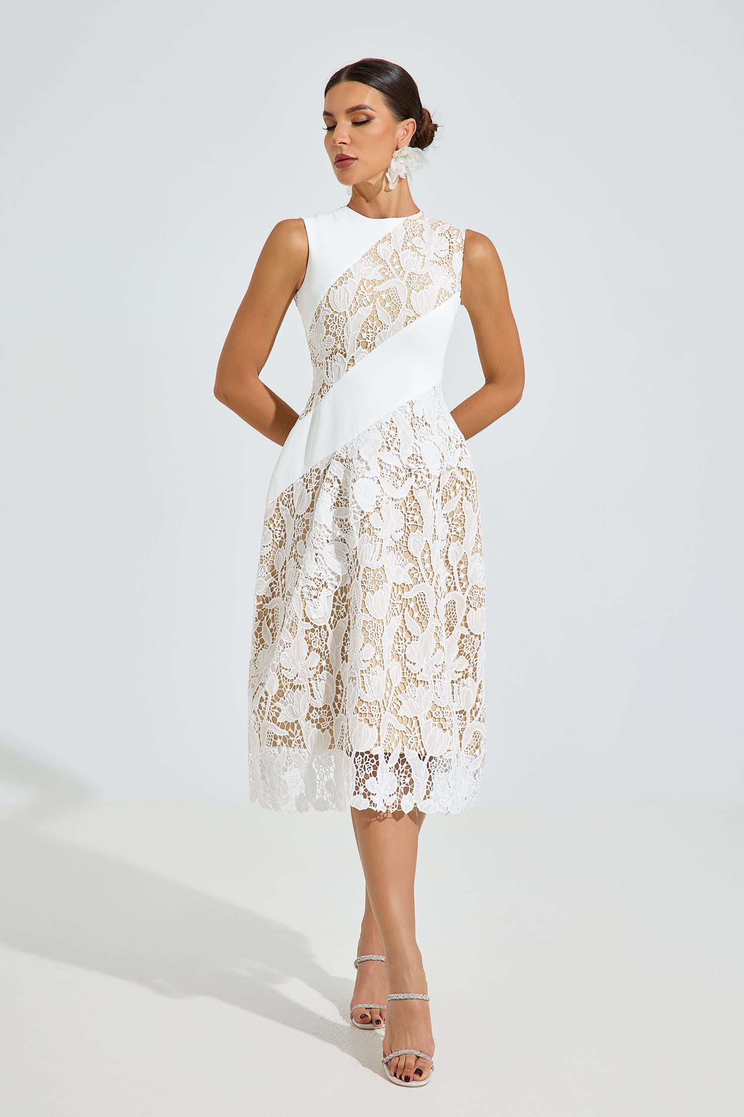 Vicky Asymmetric Lace Midi Dress