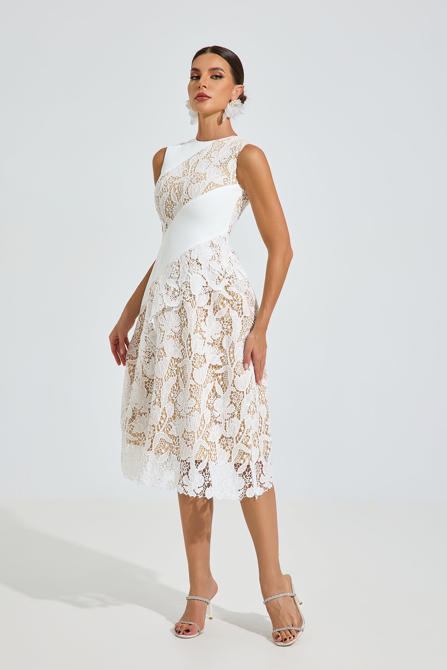Vicky Asymmetric Lace Midi Dress