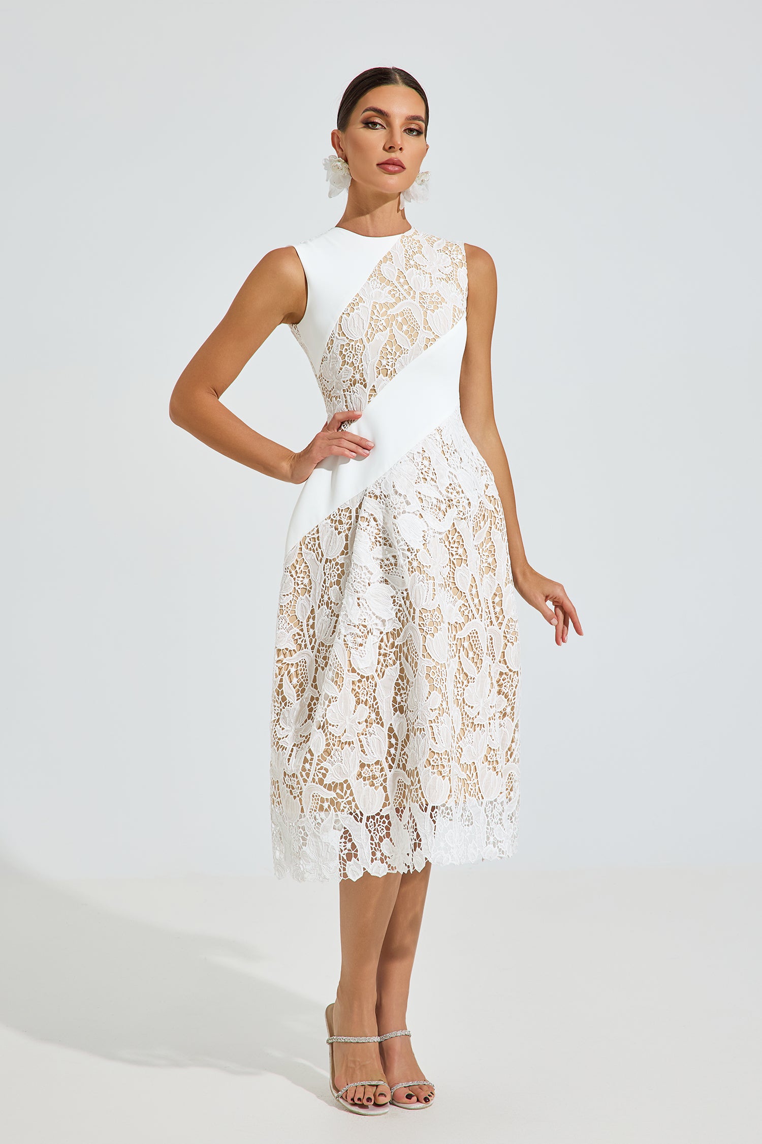 Vicky Asymmetric Lace Midi Dress