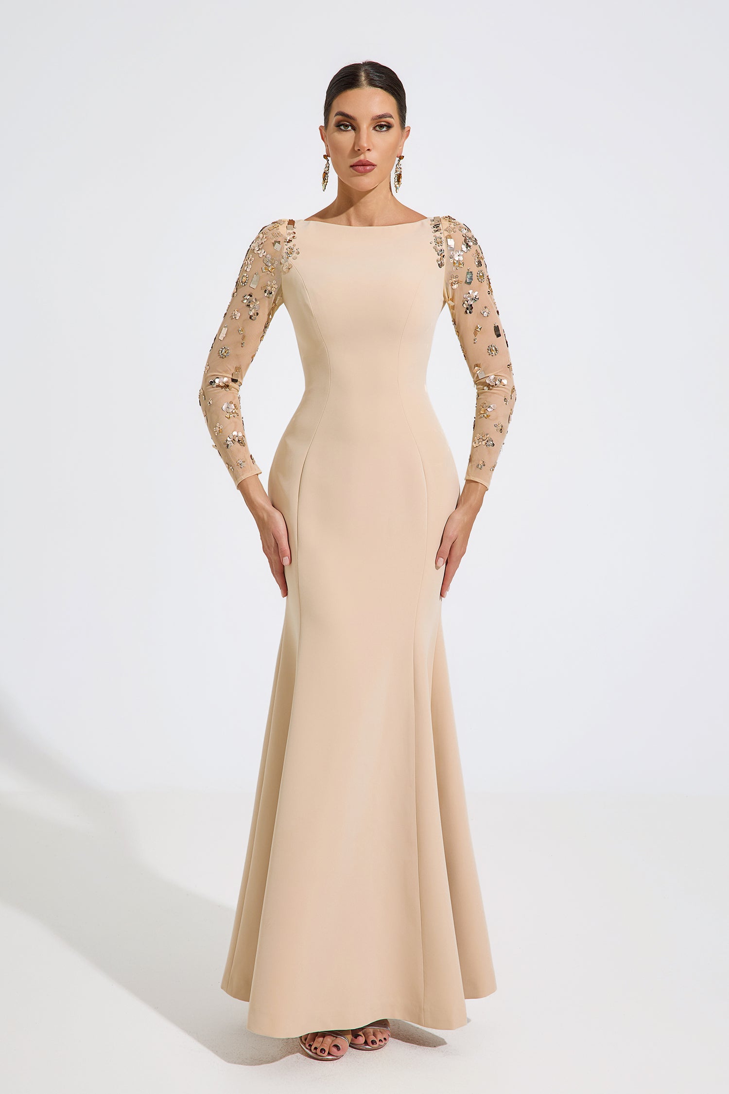 Rowan Beige Embellished Elegance Maxi Dress