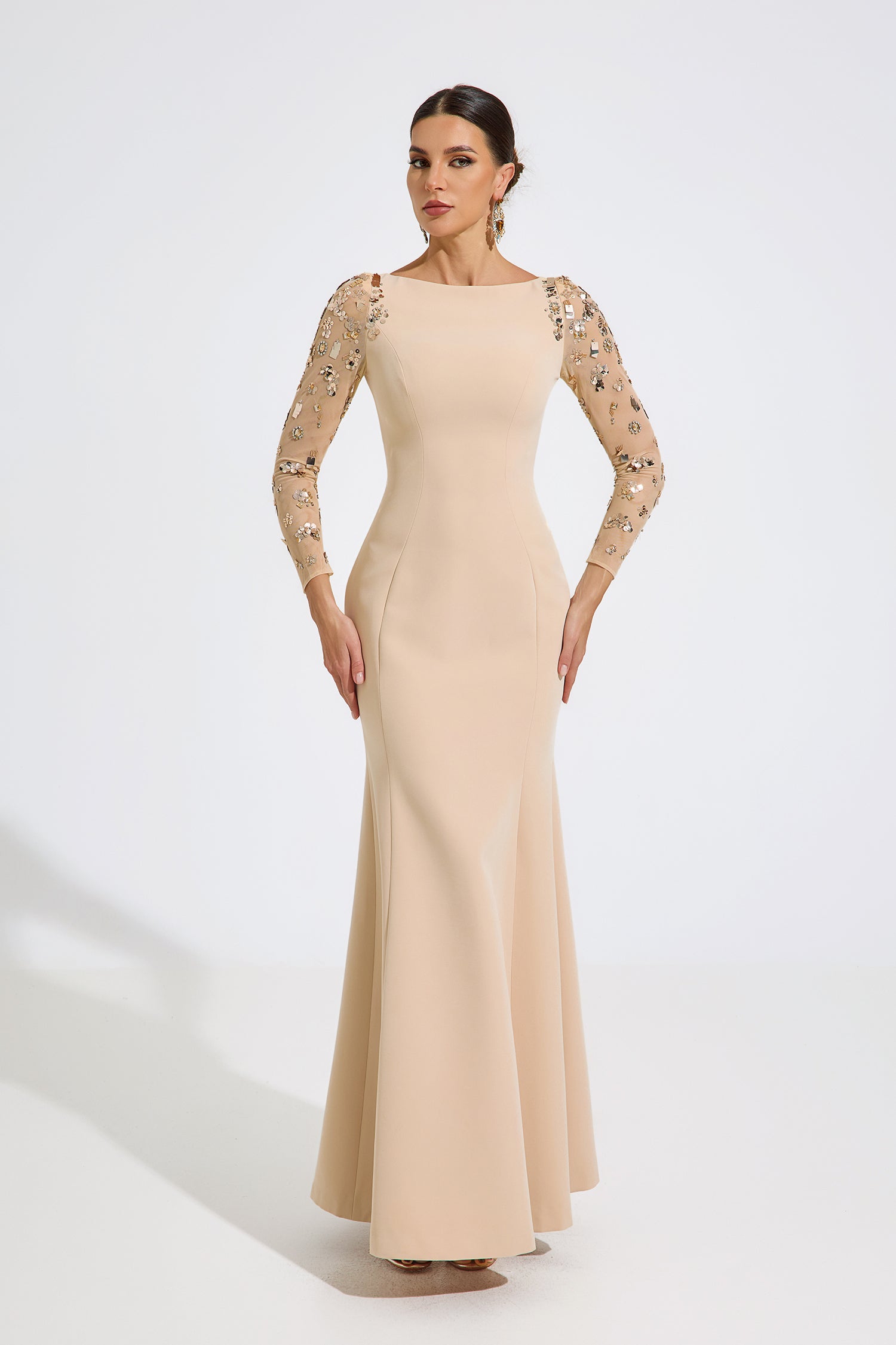 Rowan Beige Embellished Elegance Maxi Dress