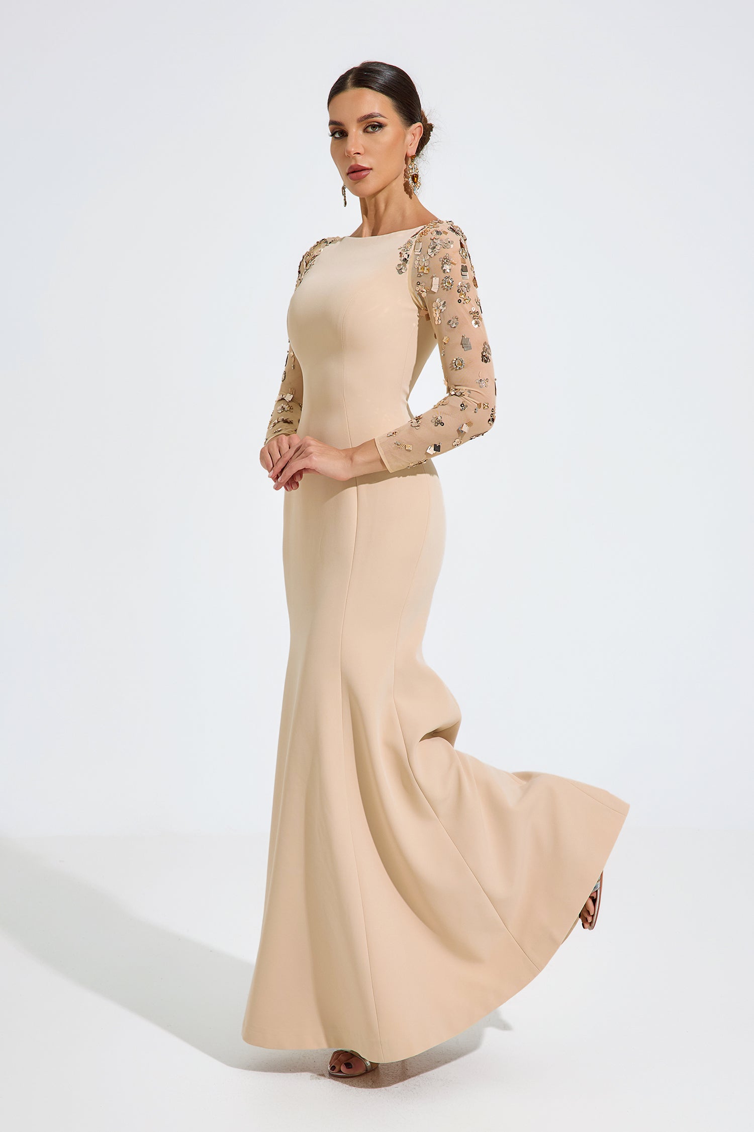 Rowan Beige Embellished Elegance Maxi Dress