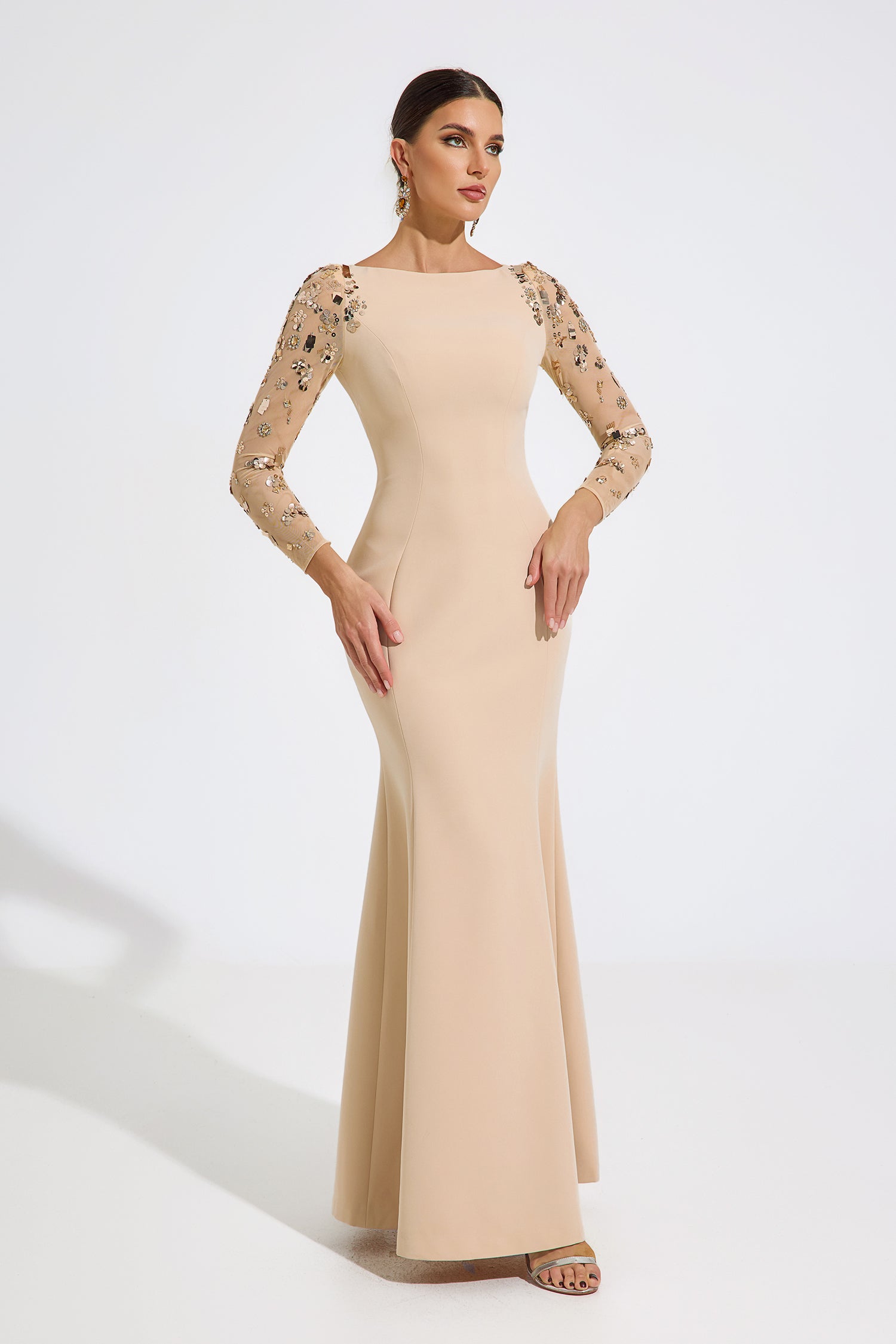Rowan Beige Embellished Elegance Maxi Dress