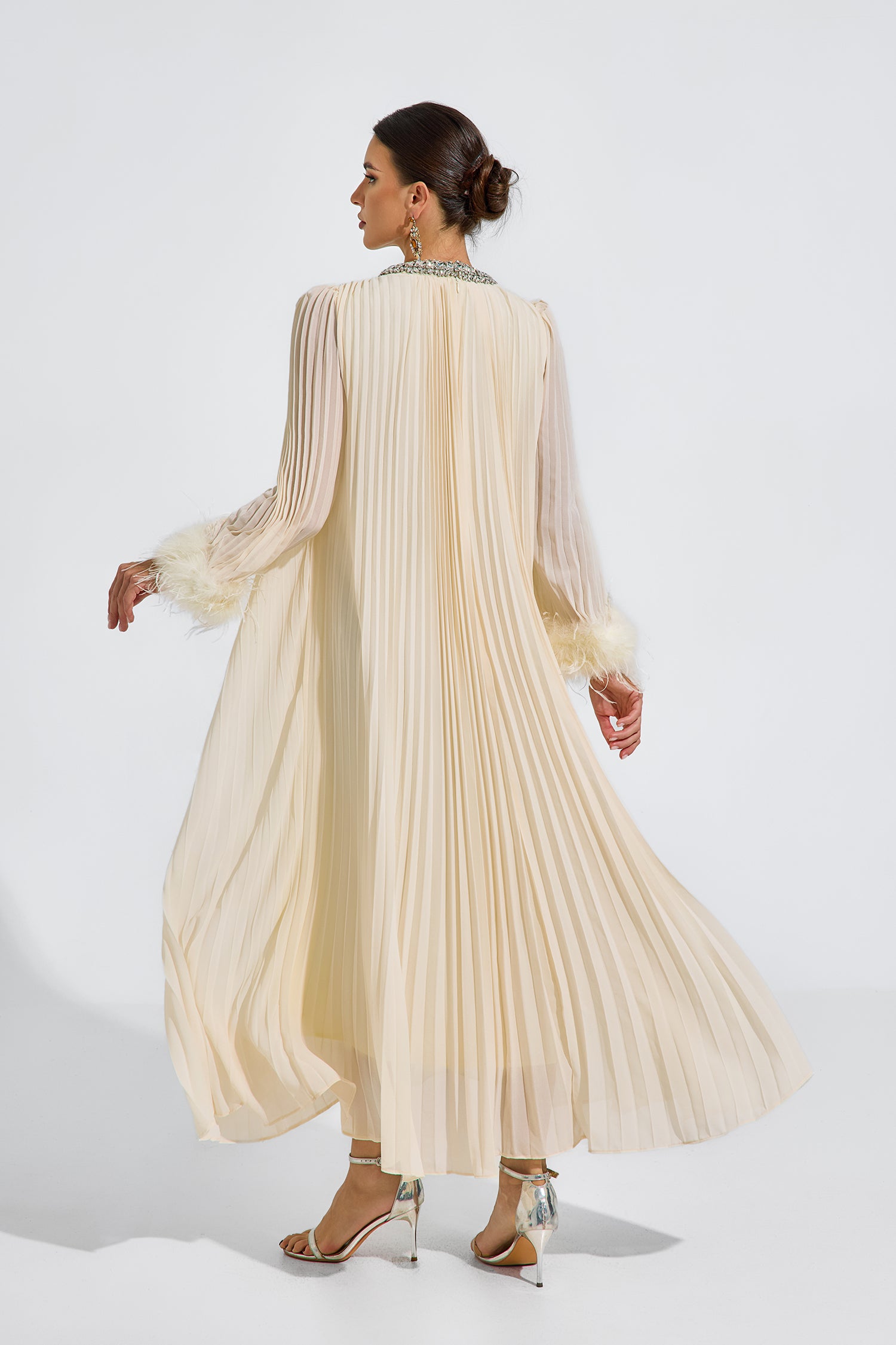 Corwin Pleated Feather-Trim Maxi Dress