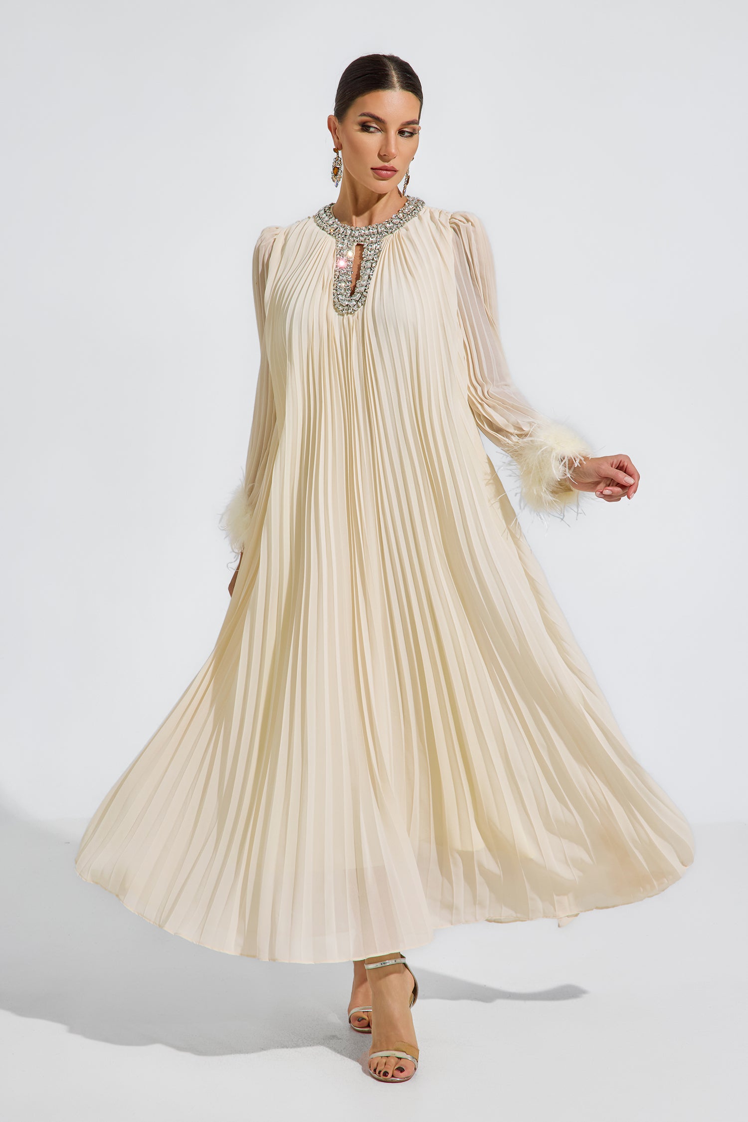 Corwin Pleated Feather-Trim Maxi Dress