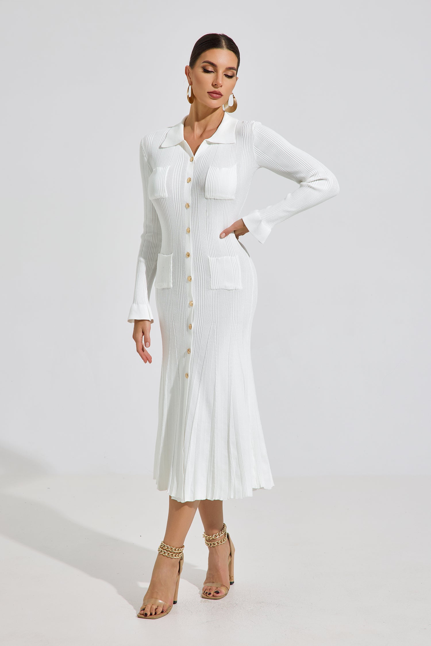 Audrey Ivory Knit Button Midi Dress