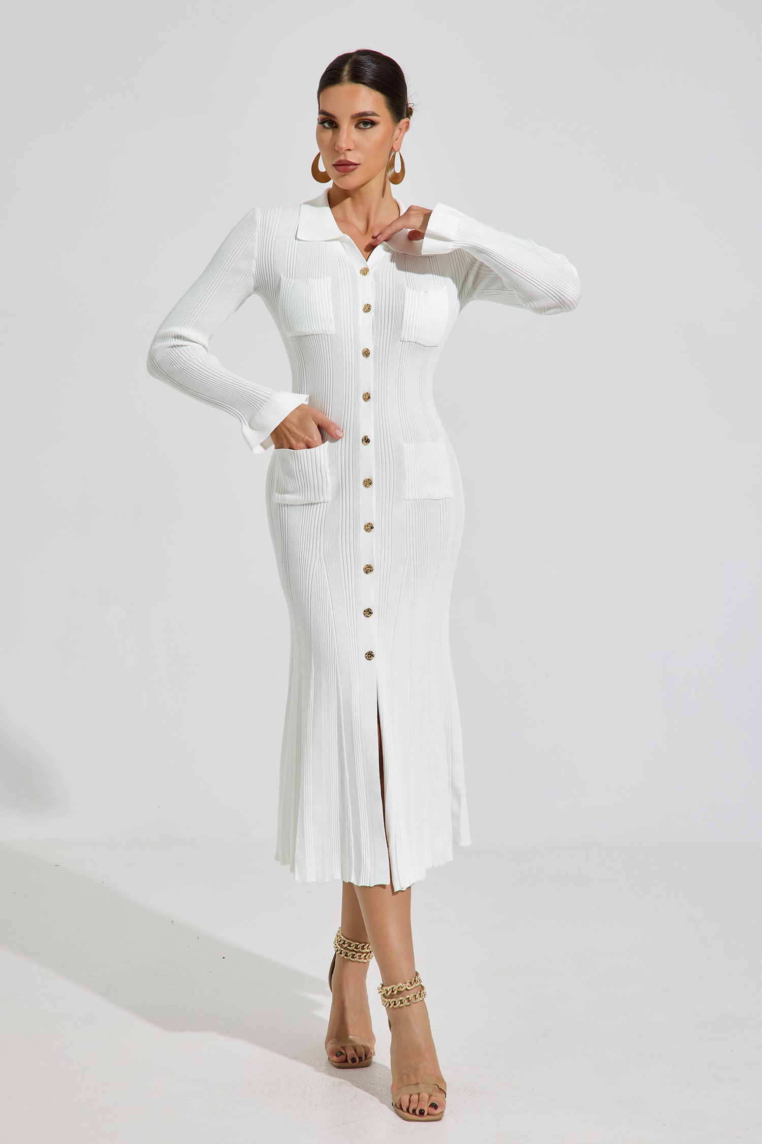 Audrey Ivory Knit Button Midi Dress