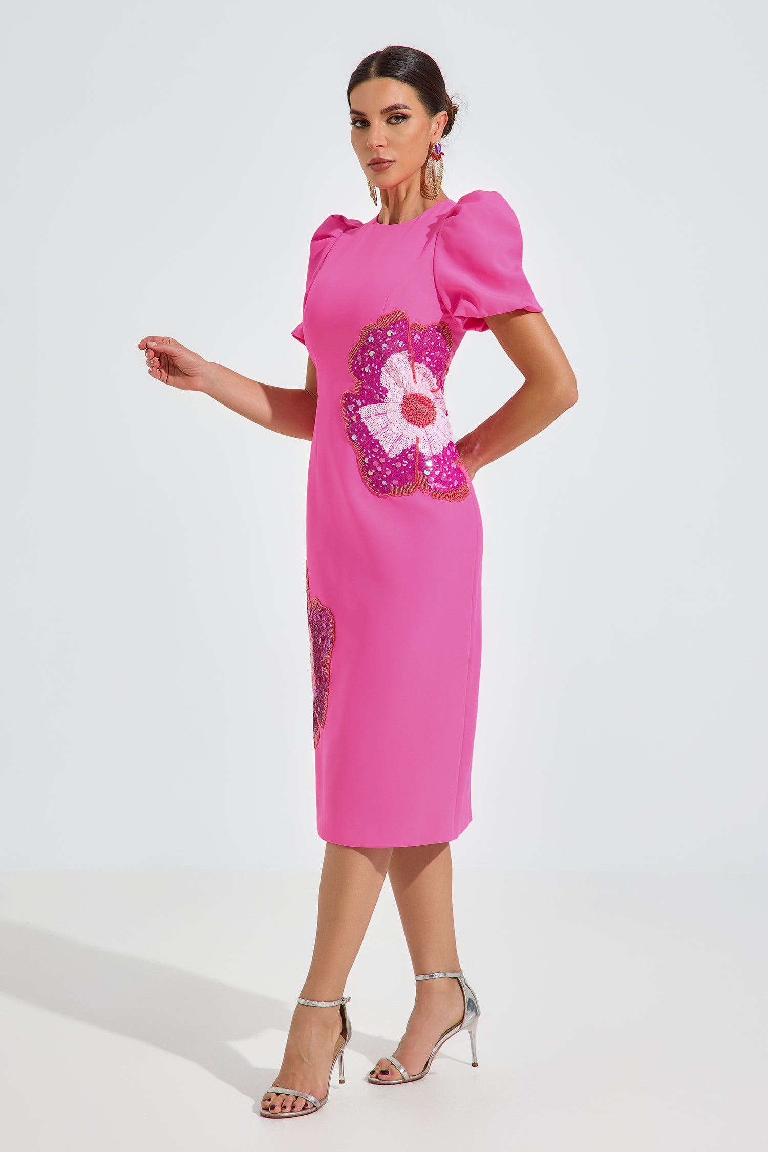 Fuchsia Petal Sequin Midi Dress