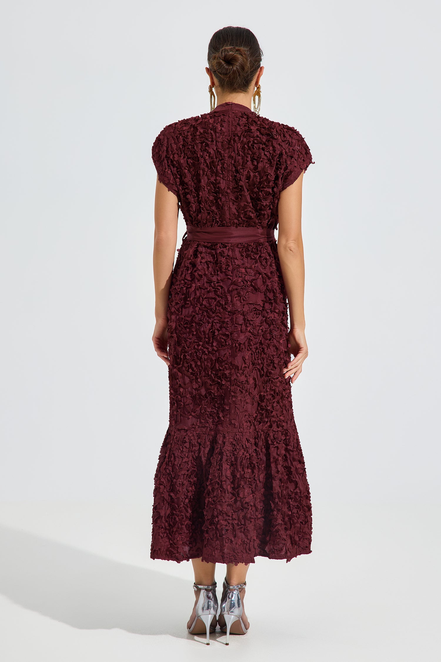 Elivelle Red Textured Bloom Midi Dress