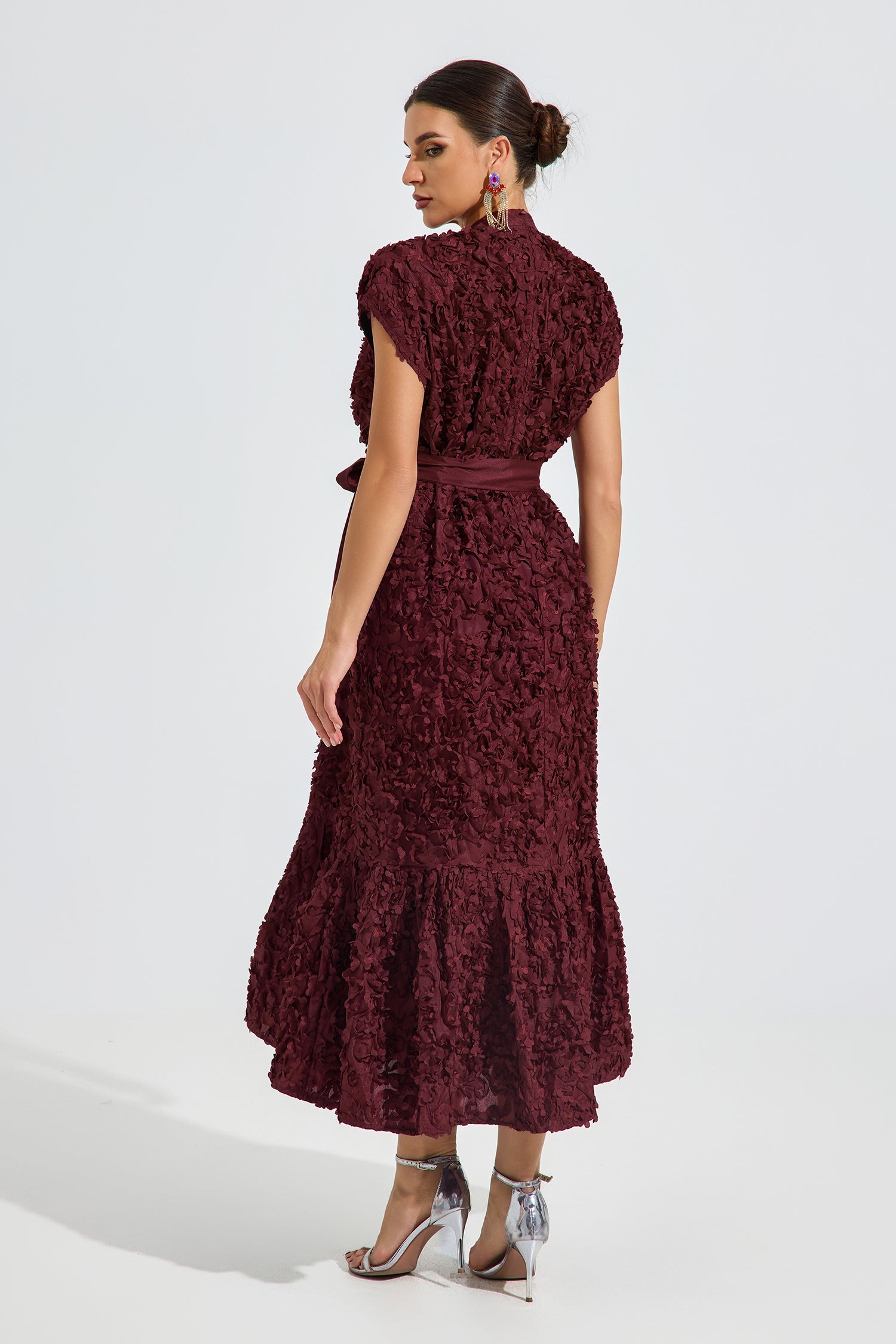Elivelle Red Textured Bloom Midi Dress