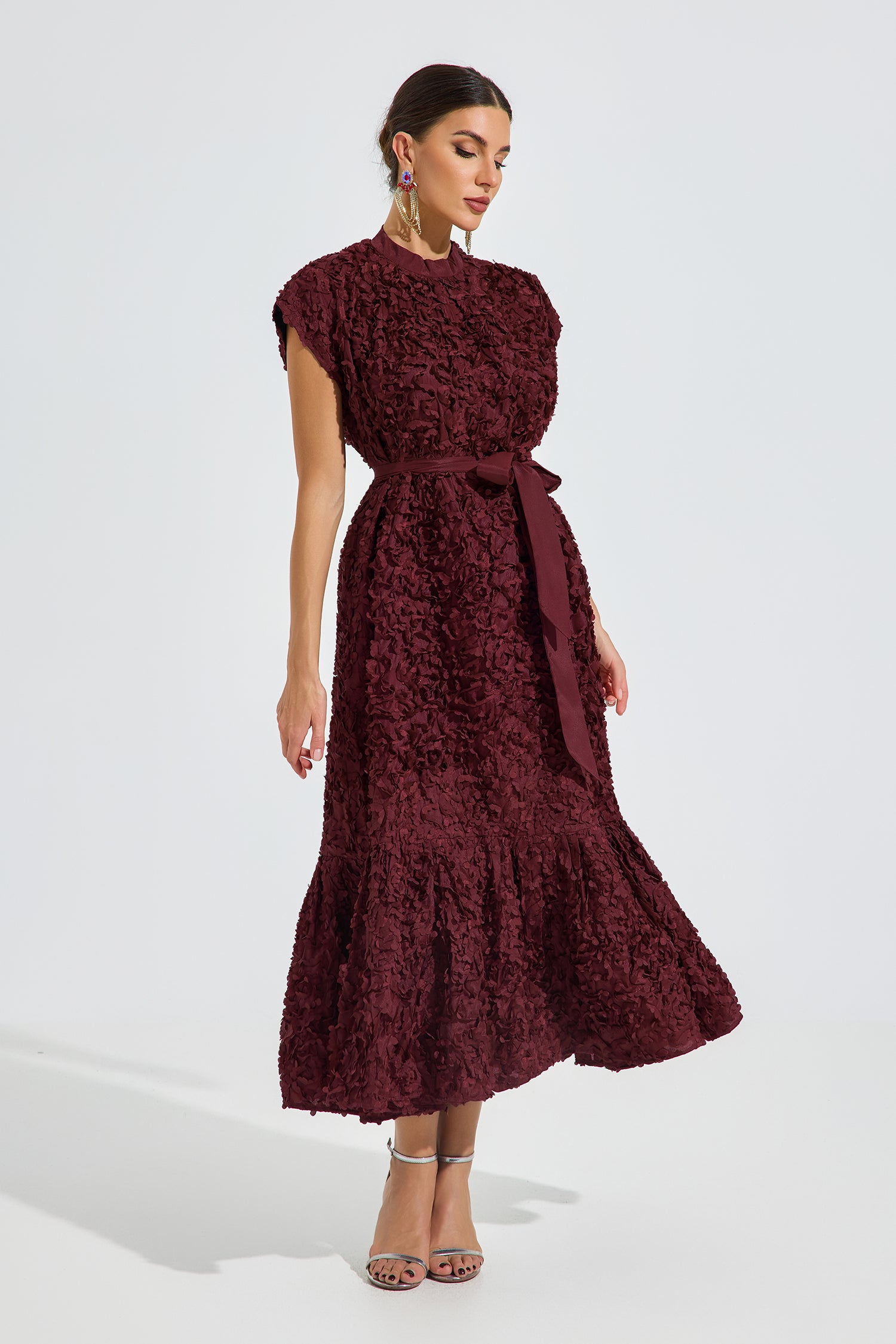 Elivelle Red Textured Bloom Midi Dress
