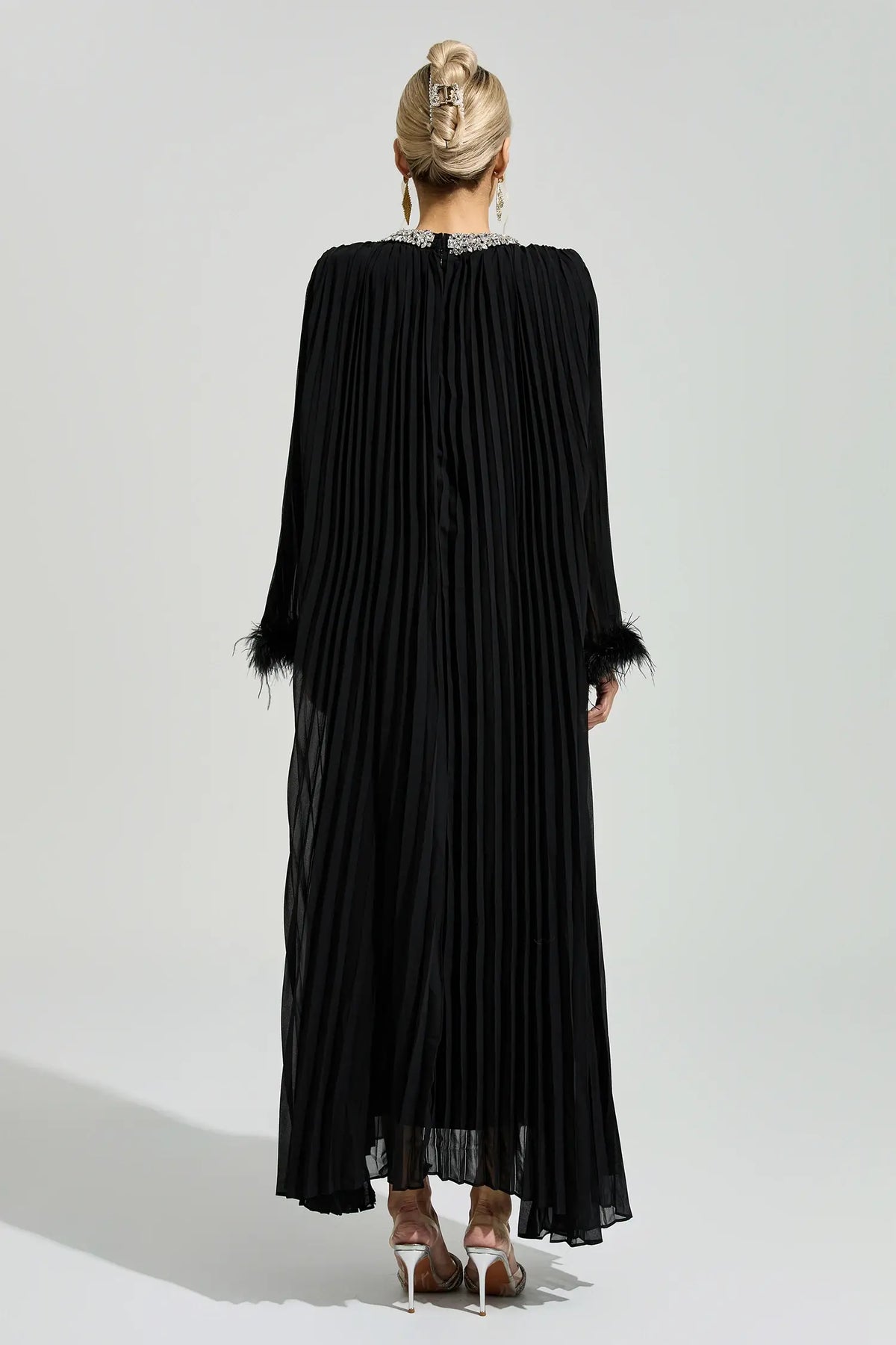 Corwin Black Pleated Feather-Trim Maxi Dress