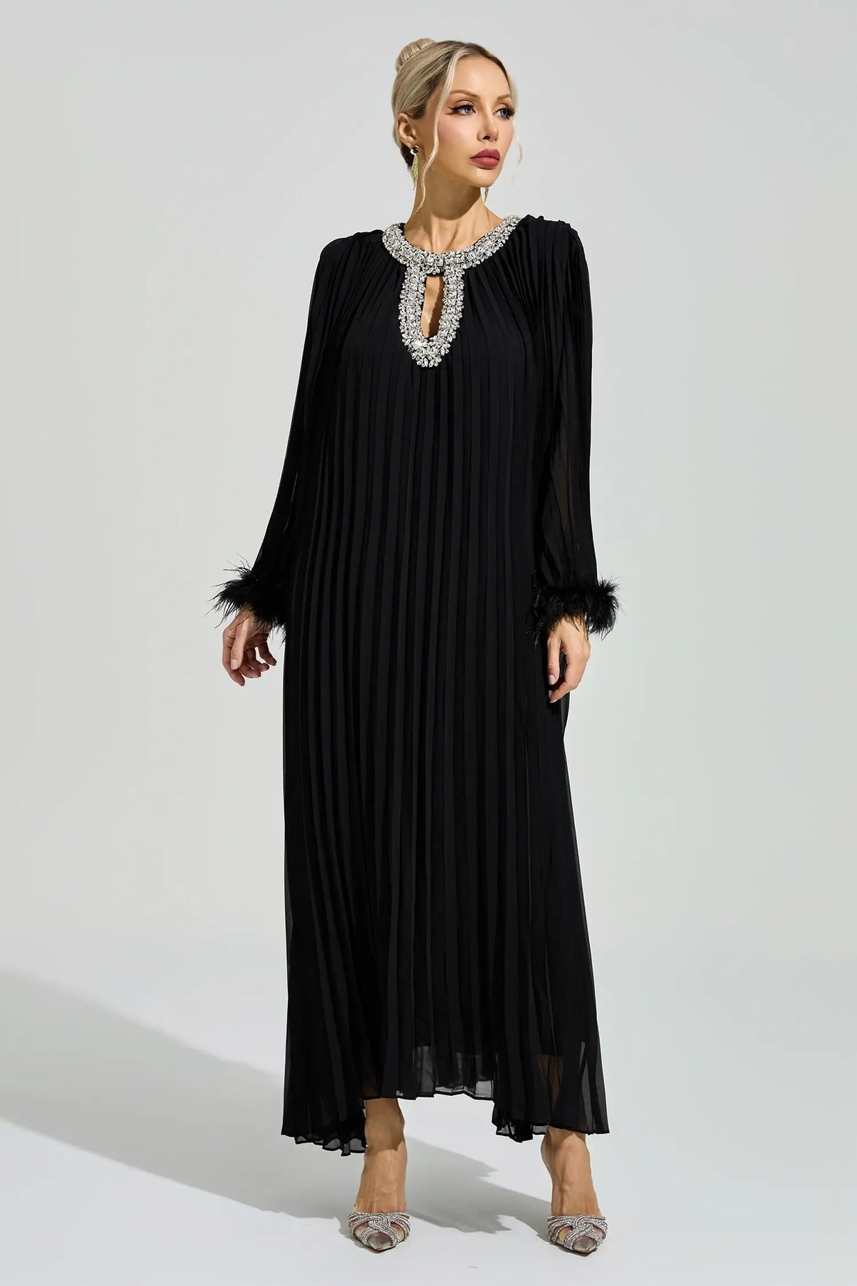 Corwin Black Pleated Feather-Trim Maxi Dress