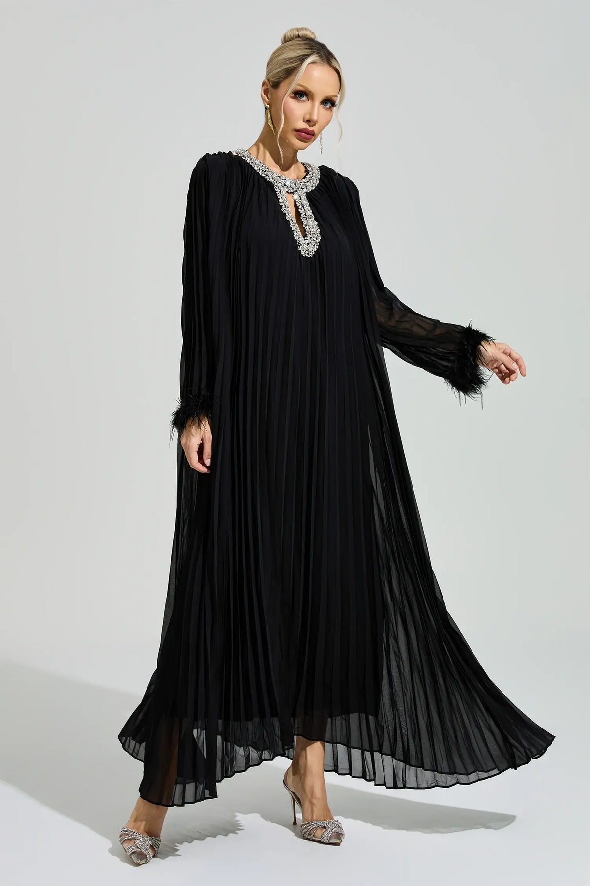 Corwin Black Pleated Feather-Trim Maxi Dress