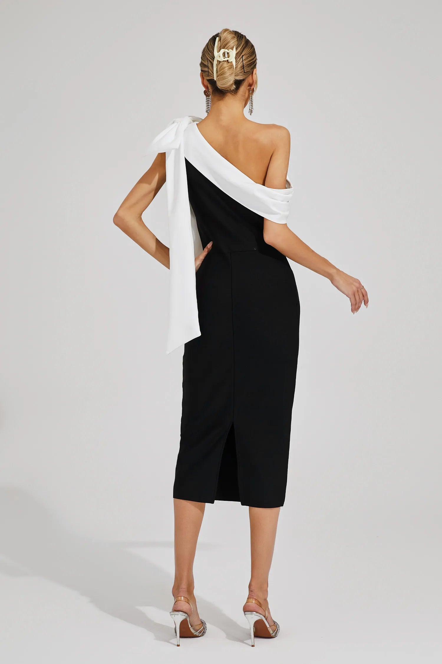 Selma Black Bow One Shoulder Bandage Midi Dress