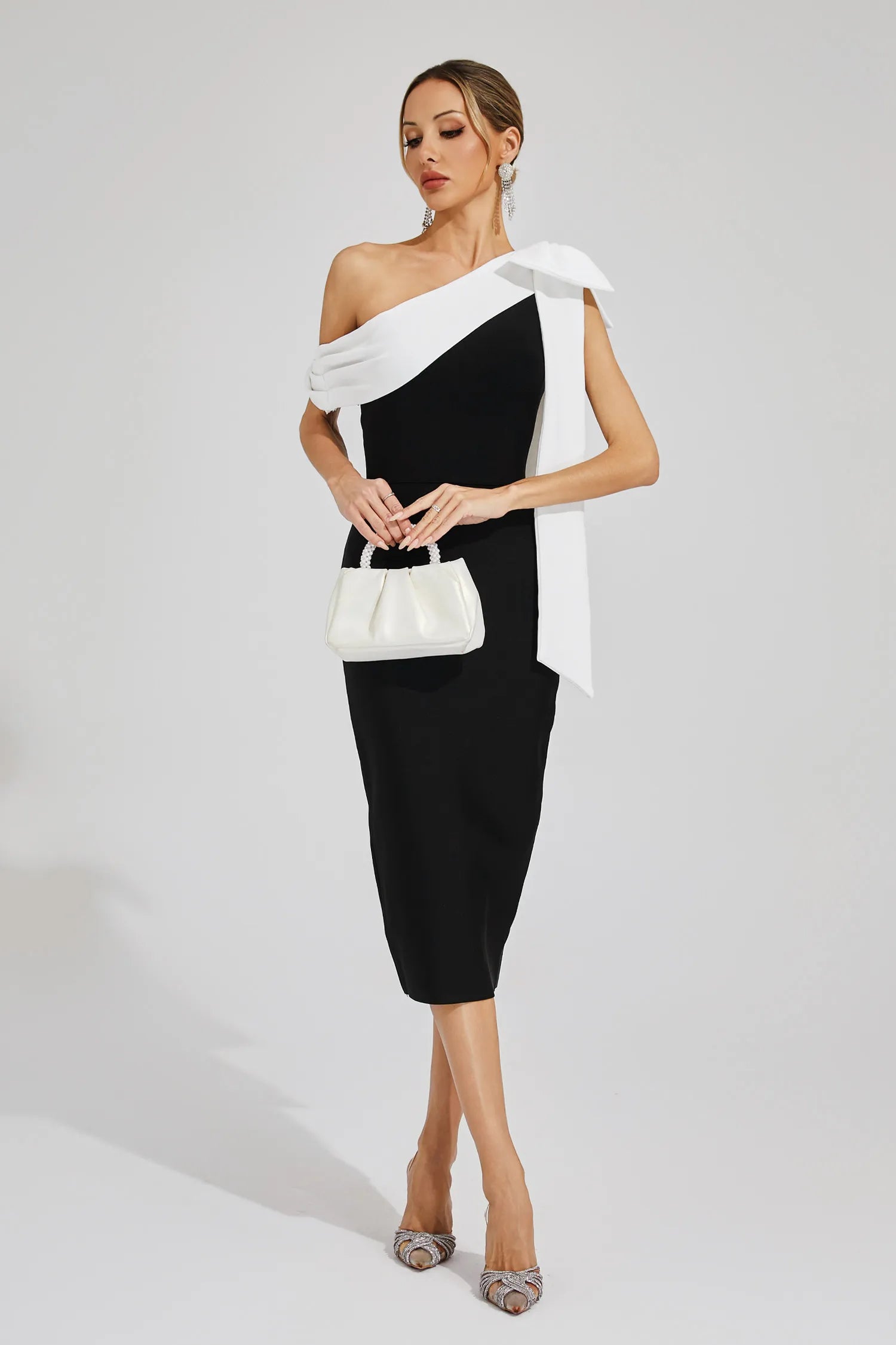 Selma Black Bow One Shoulder Bandage Midi Dress