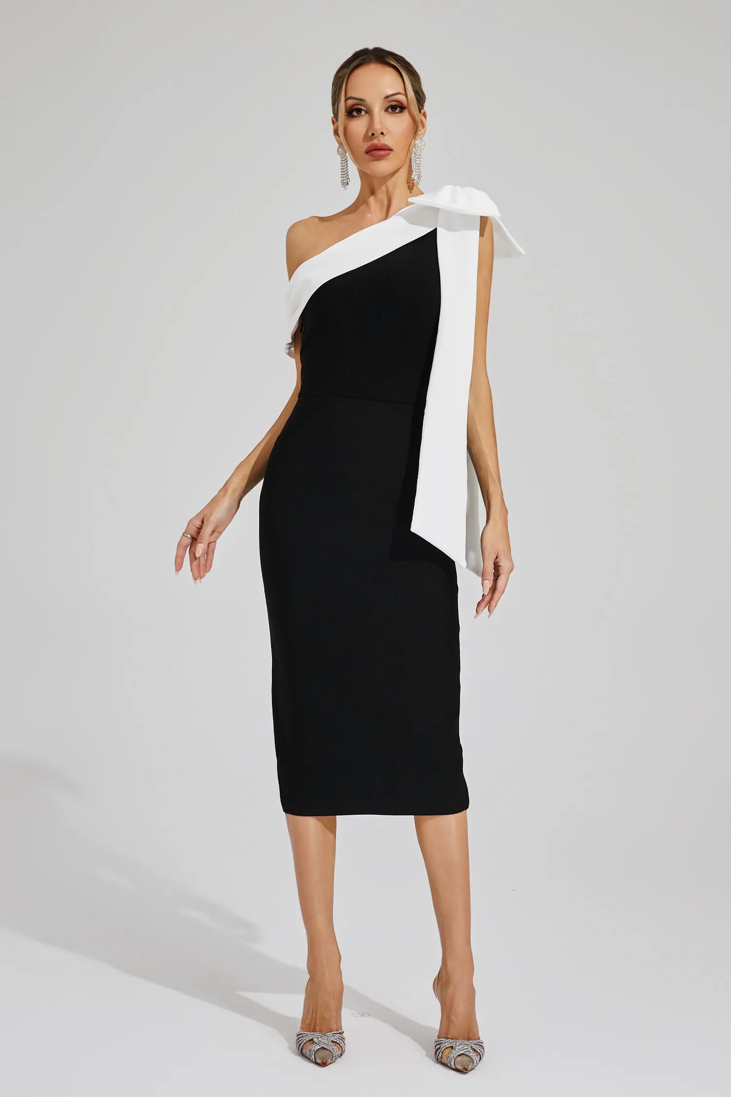 Selma Black Bow One Shoulder Bandage Midi Dress
