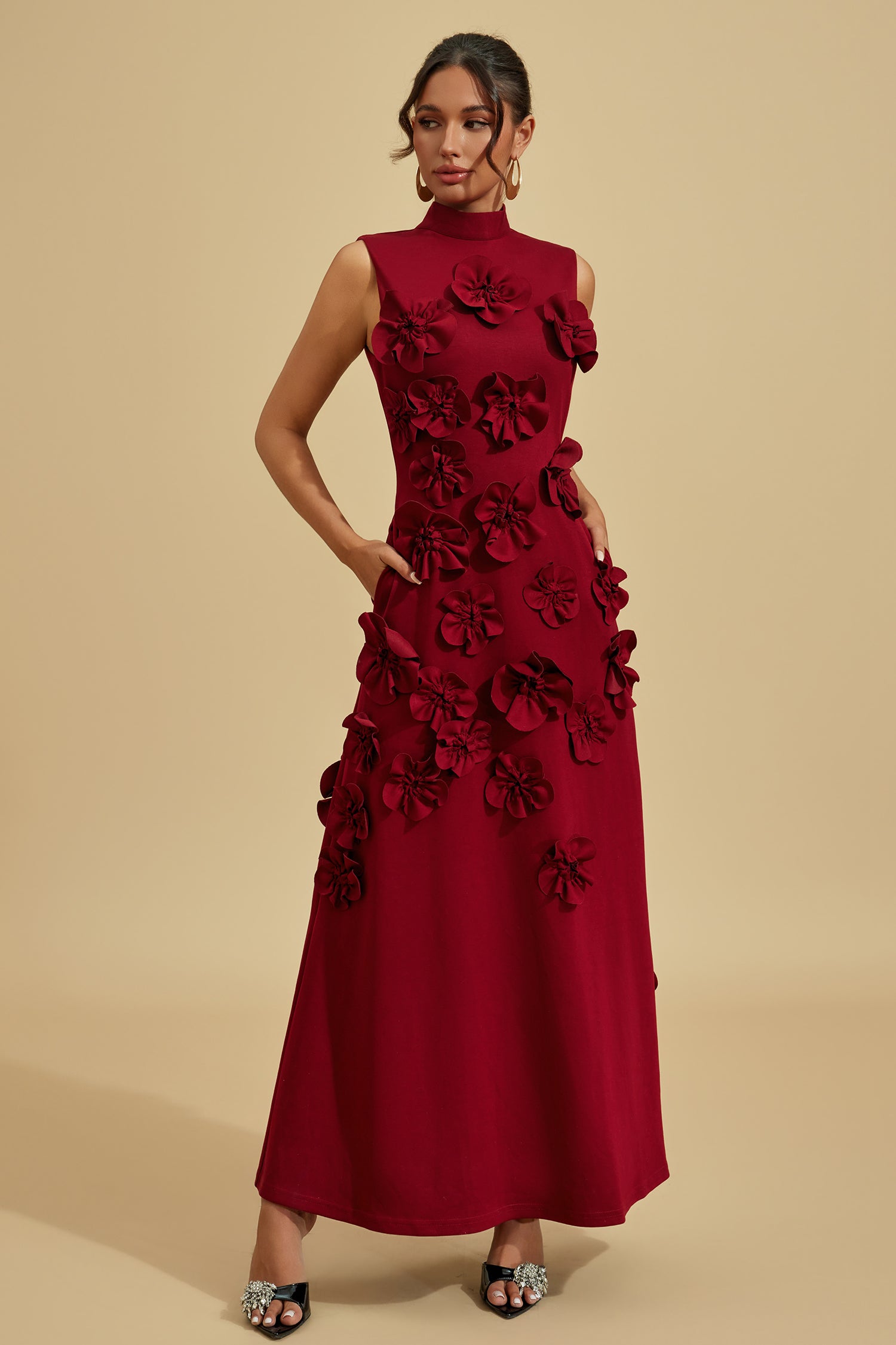 Liora Wine Red Rose Flower Maxi Dress