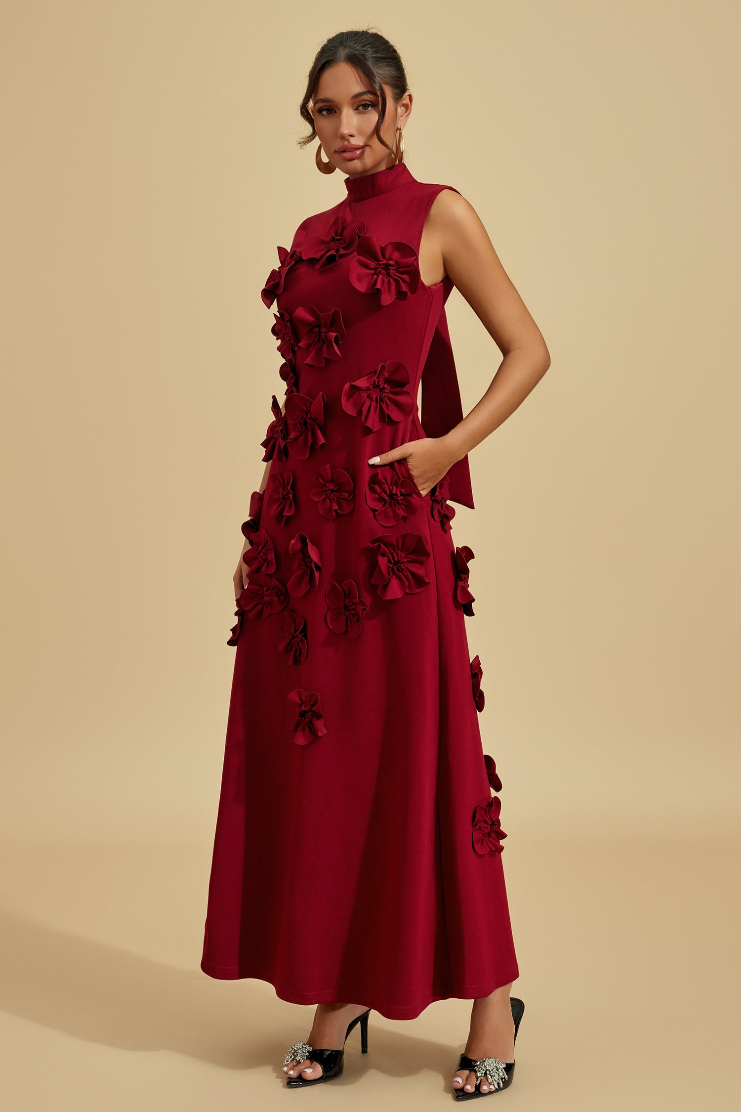 Liora Wine Red Rose Flower Maxi Dress