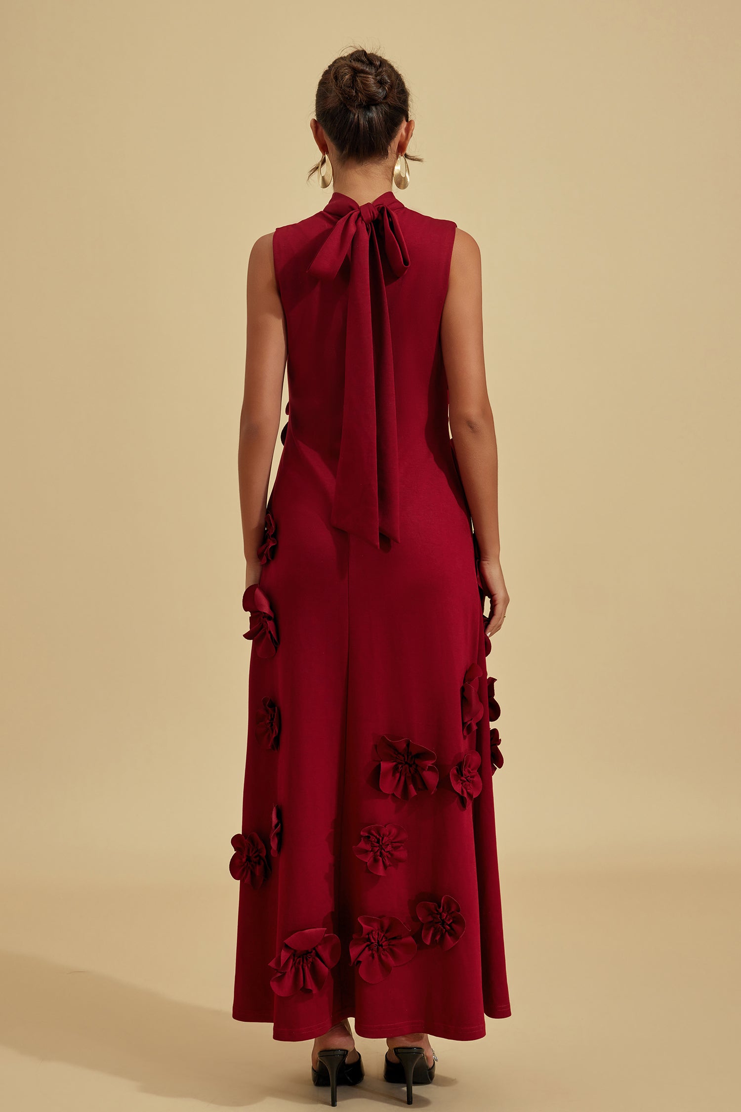 Liora Wine Red Rose Flower Maxi Dress