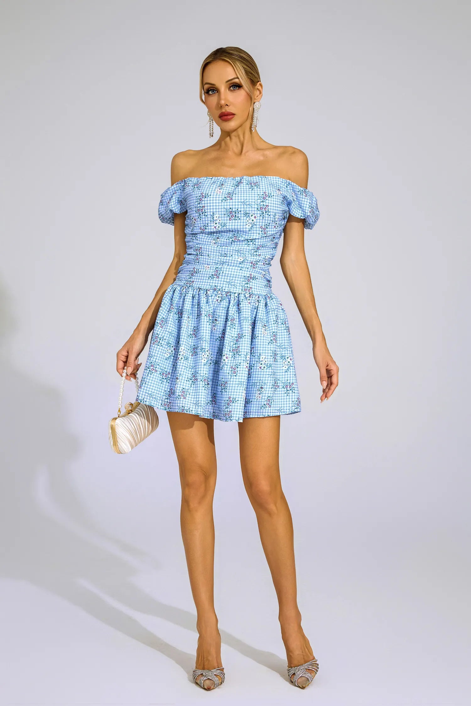 Fabiola Blue Floral Off Shoulder Mini Dress
