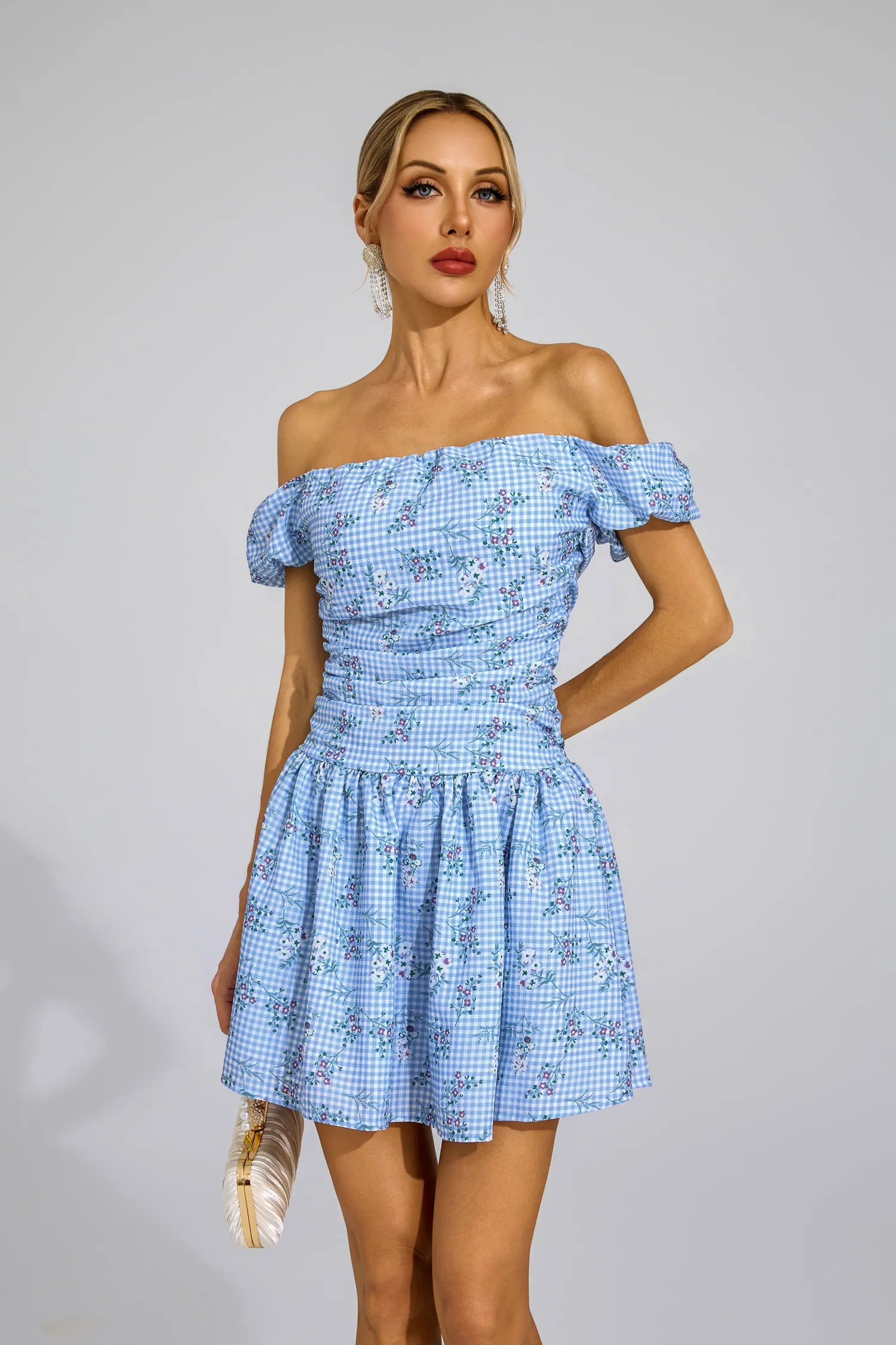 Fabiola Blue Floral Off Shoulder Mini Dress