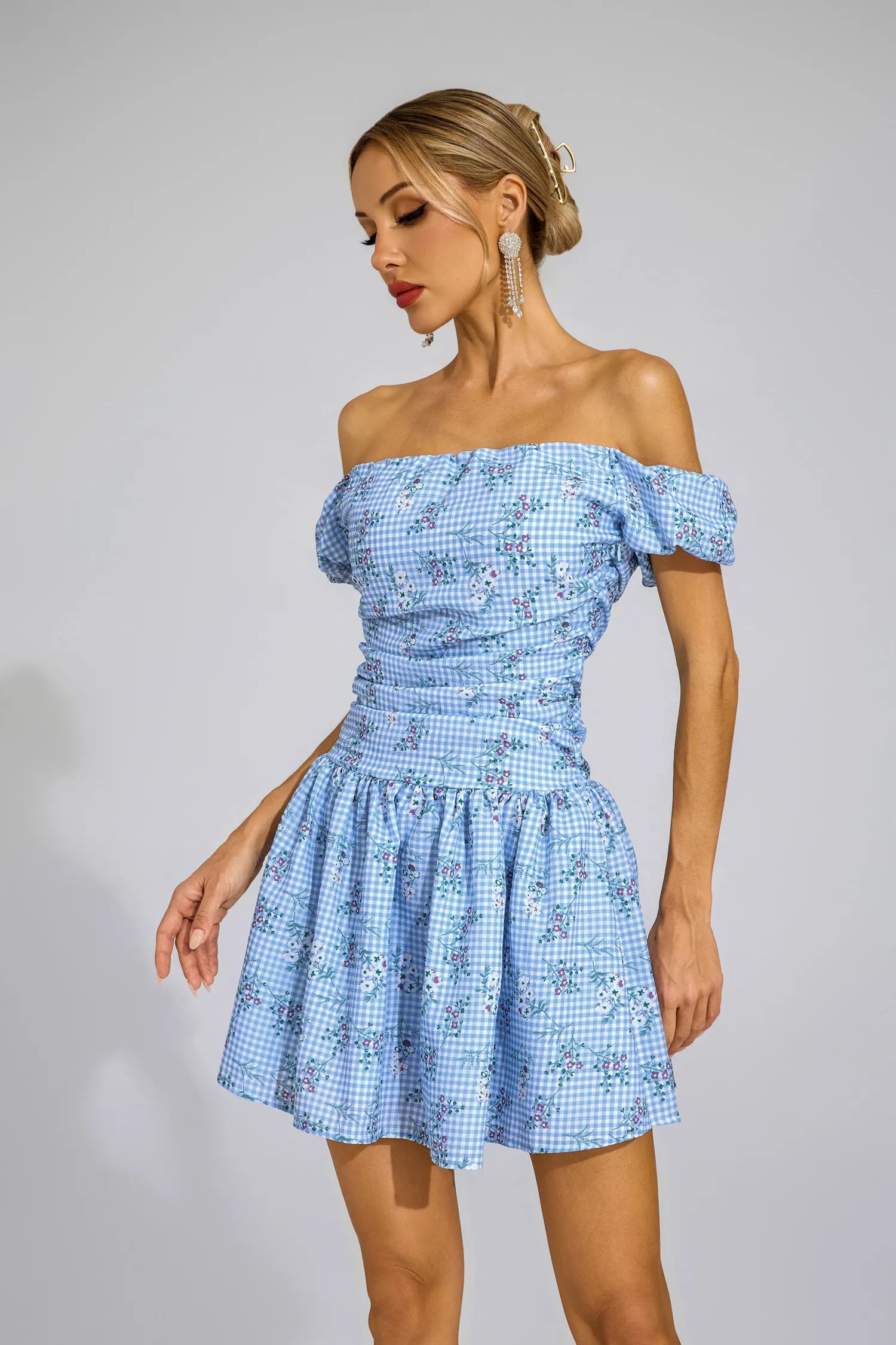 Fabiola Blue Floral Off Shoulder Mini Dress
