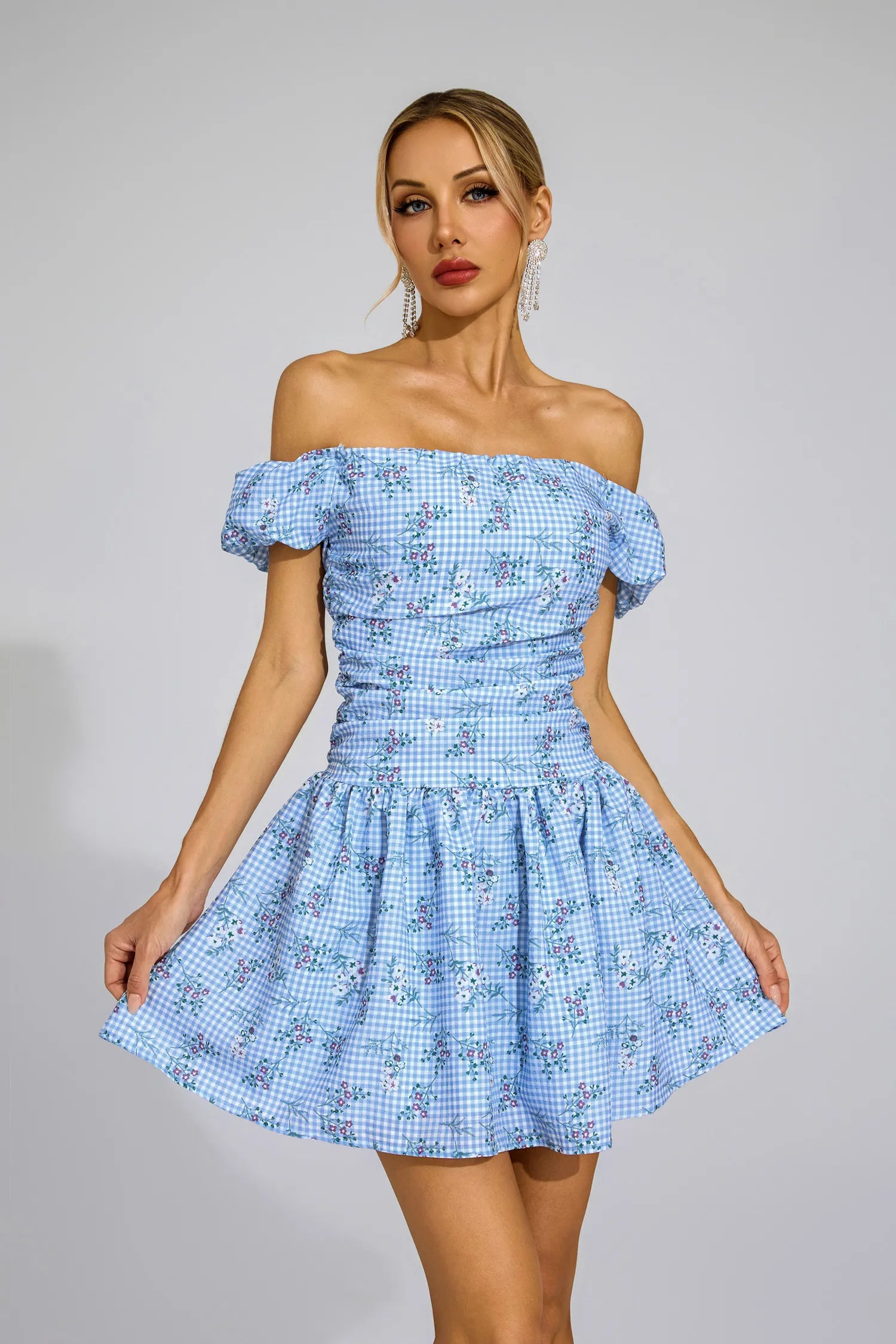 Fabiola Blue Floral Off Shoulder Mini Dress