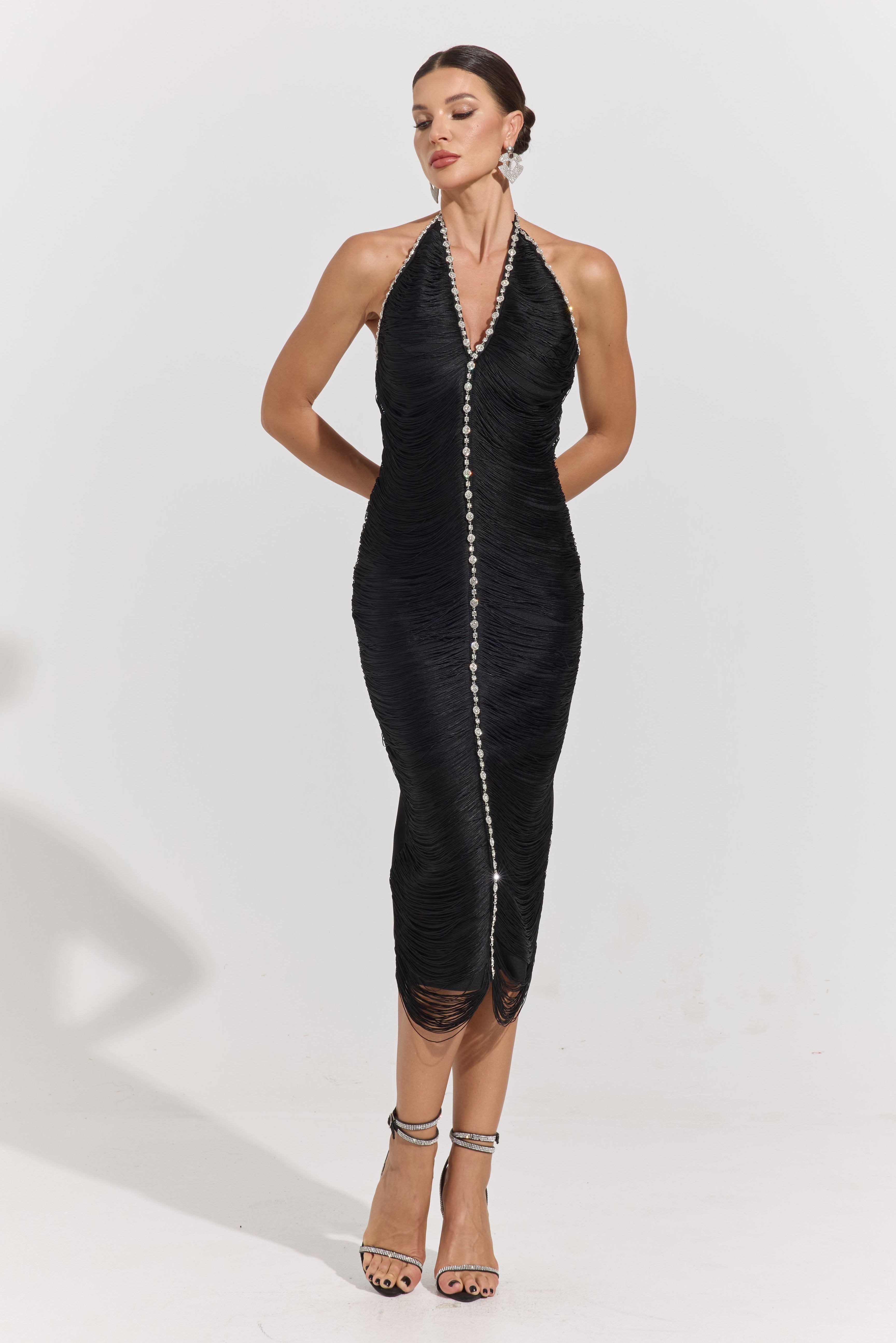 Robe midi Daria Luxe froncée à encolure américaine