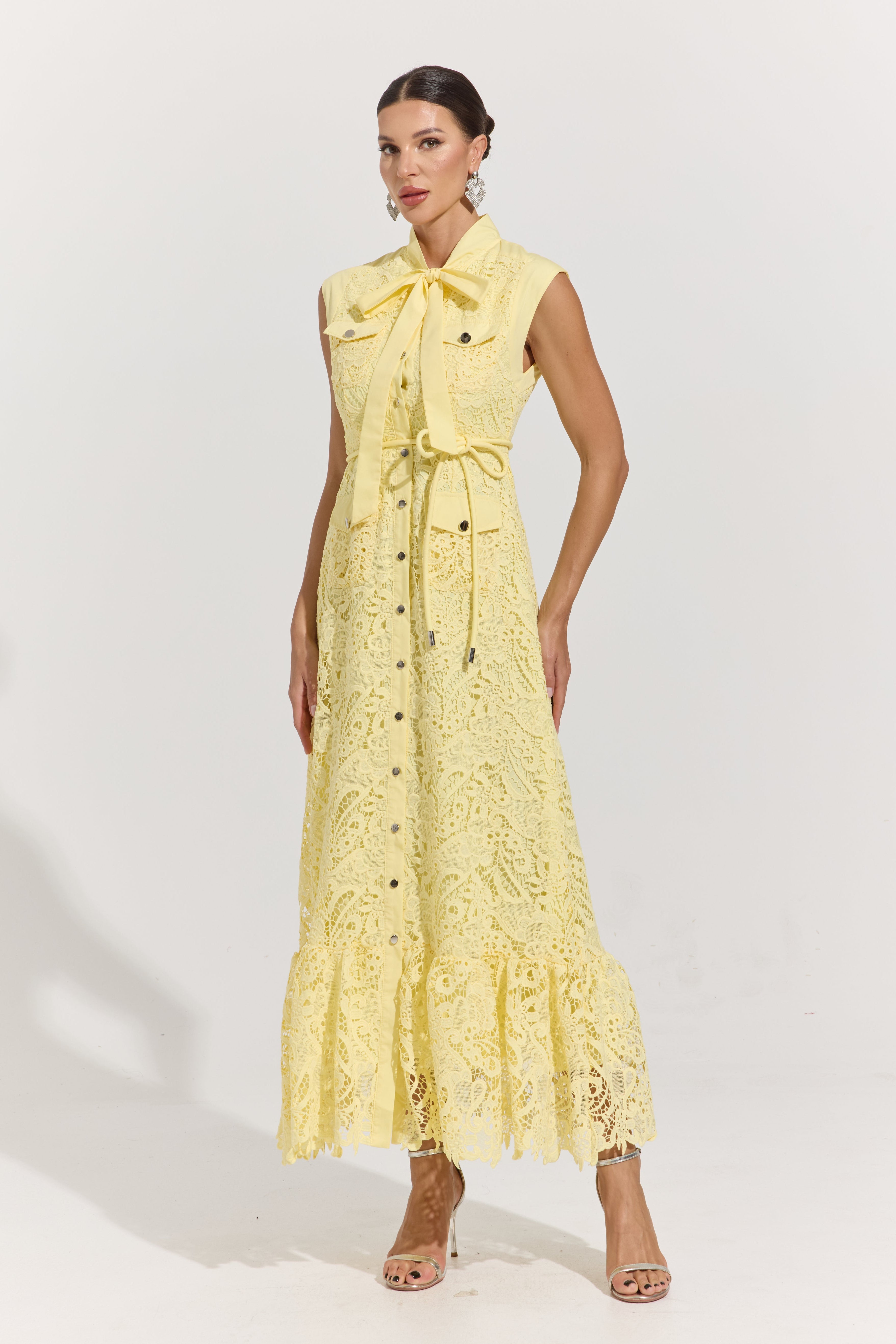 Helissa Lemon Lace Tie-Neck Maxi Dress