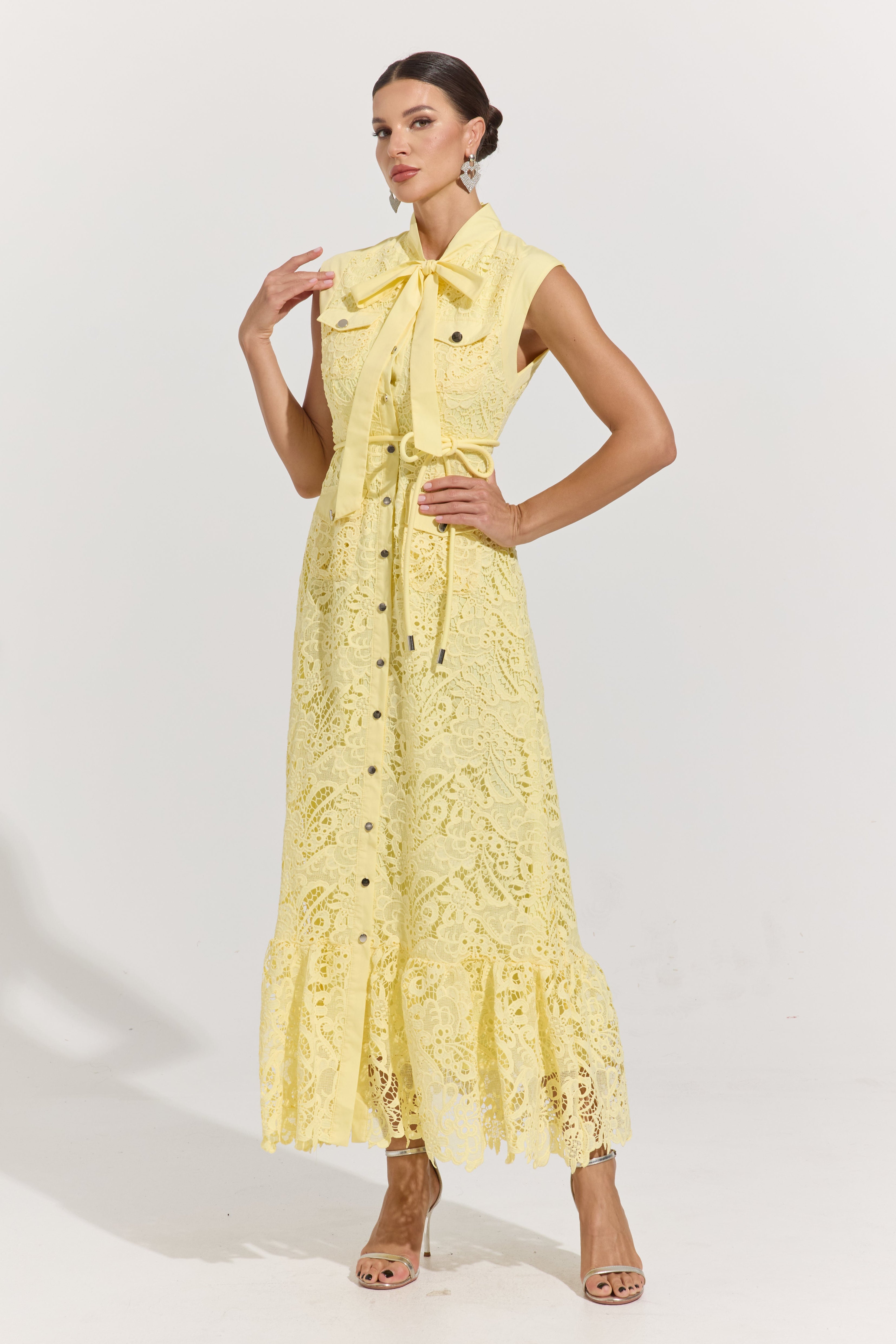 Helissa Lemon Lace Tie-Neck Maxi Dress