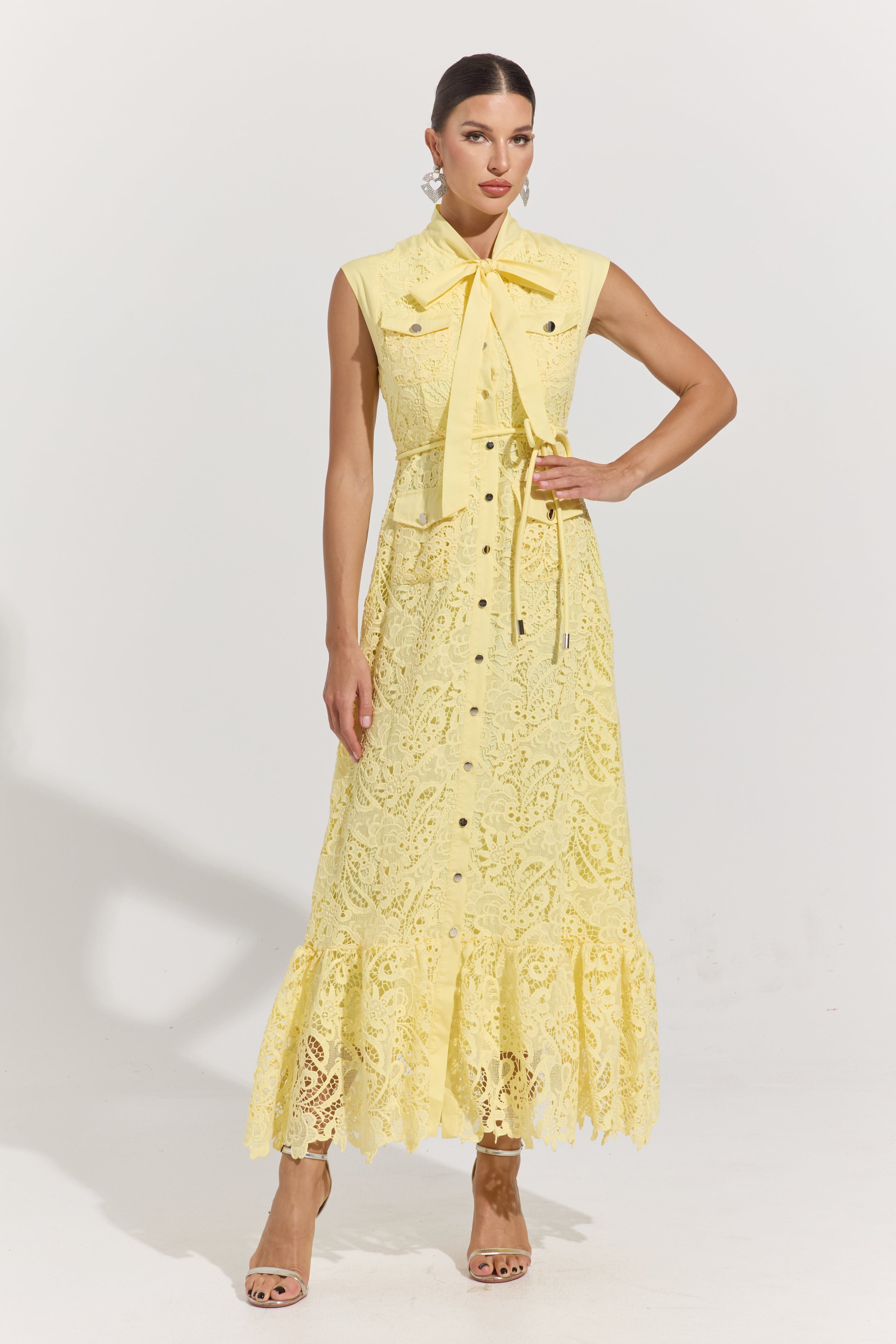 Helissa Lemon Lace Tie-Neck Maxi Dress