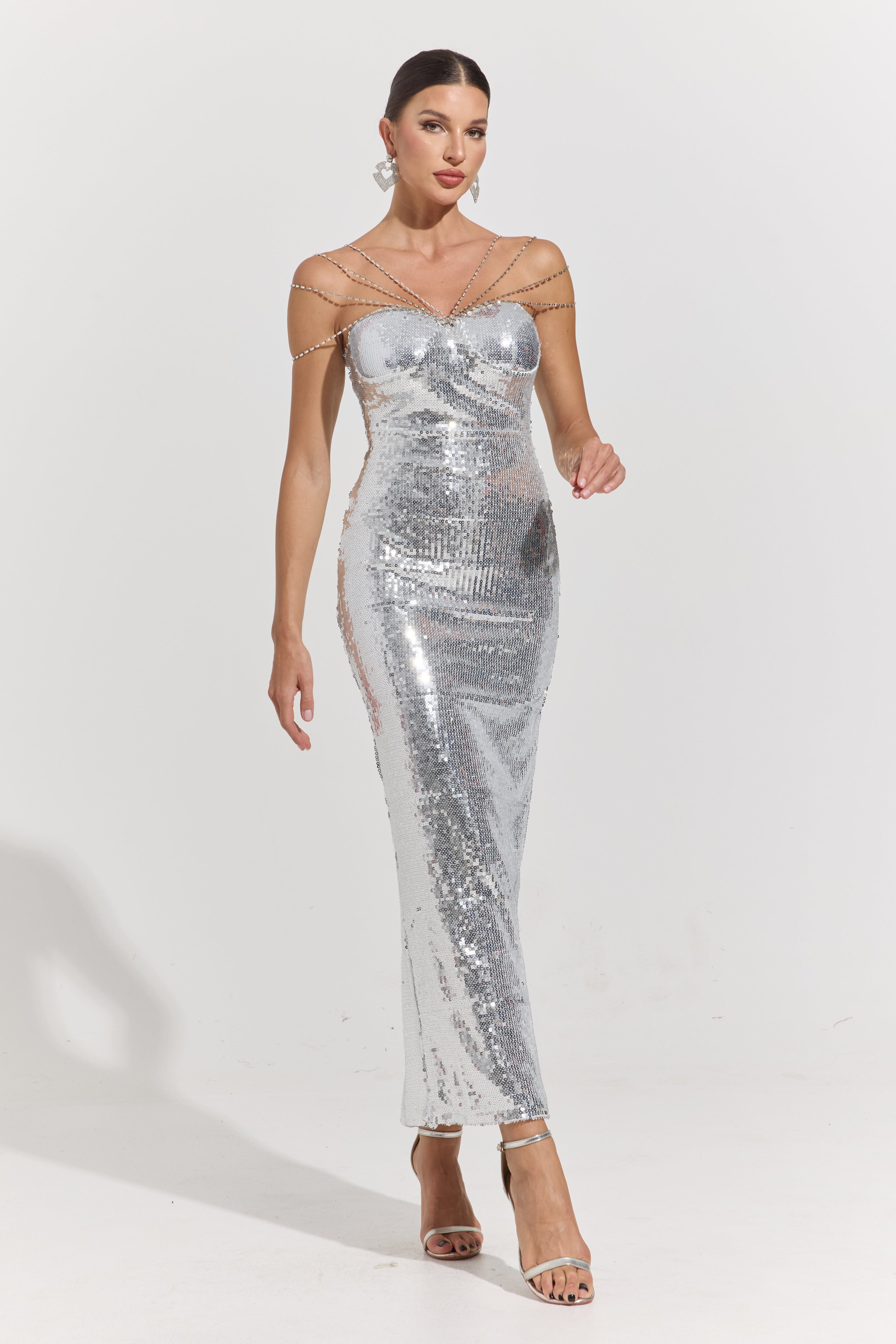 Clarimond Silver Chain-Detail Sequin Maxi Dress