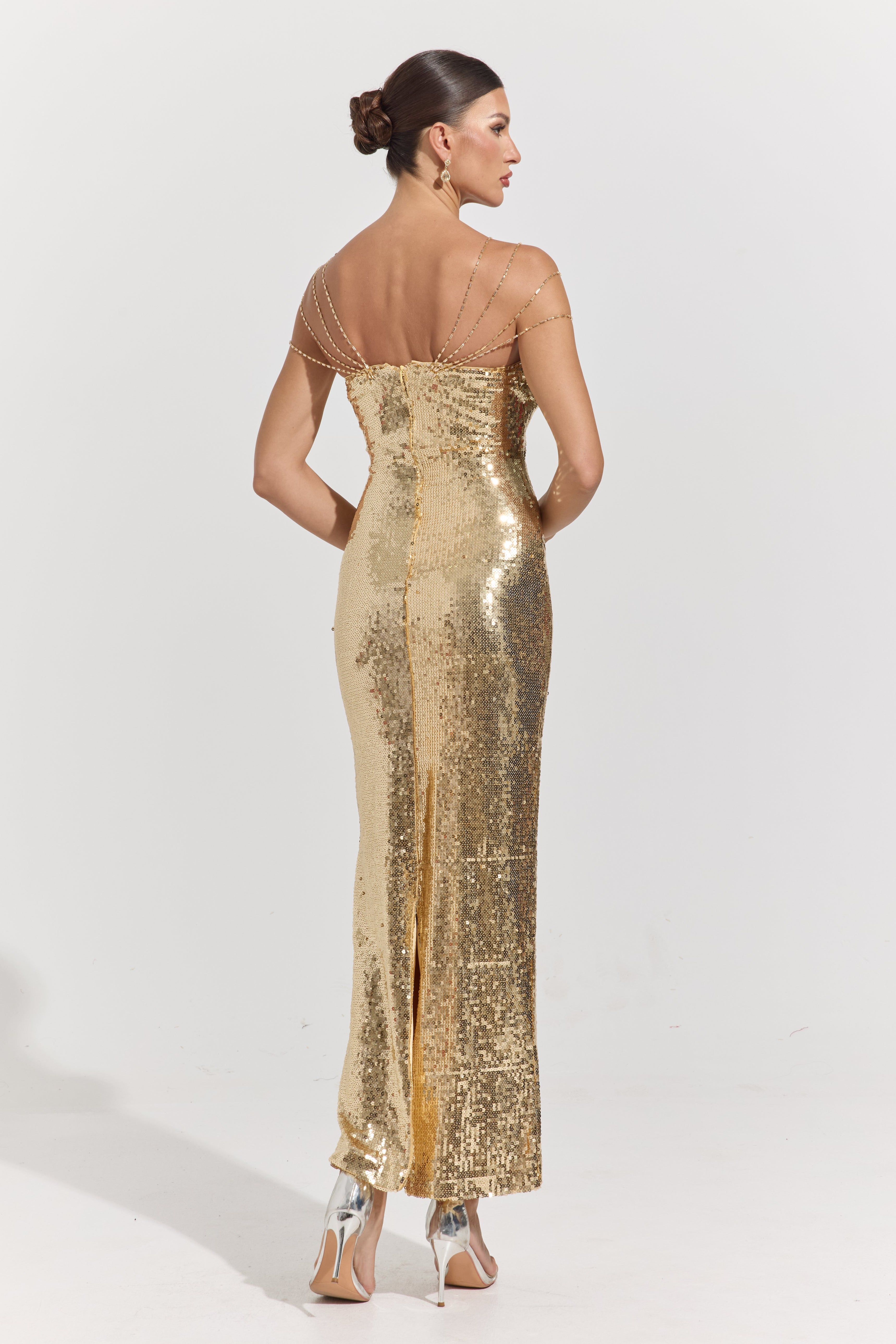 Clarimond Gold Chain-Detail Sequin Maxi Dress